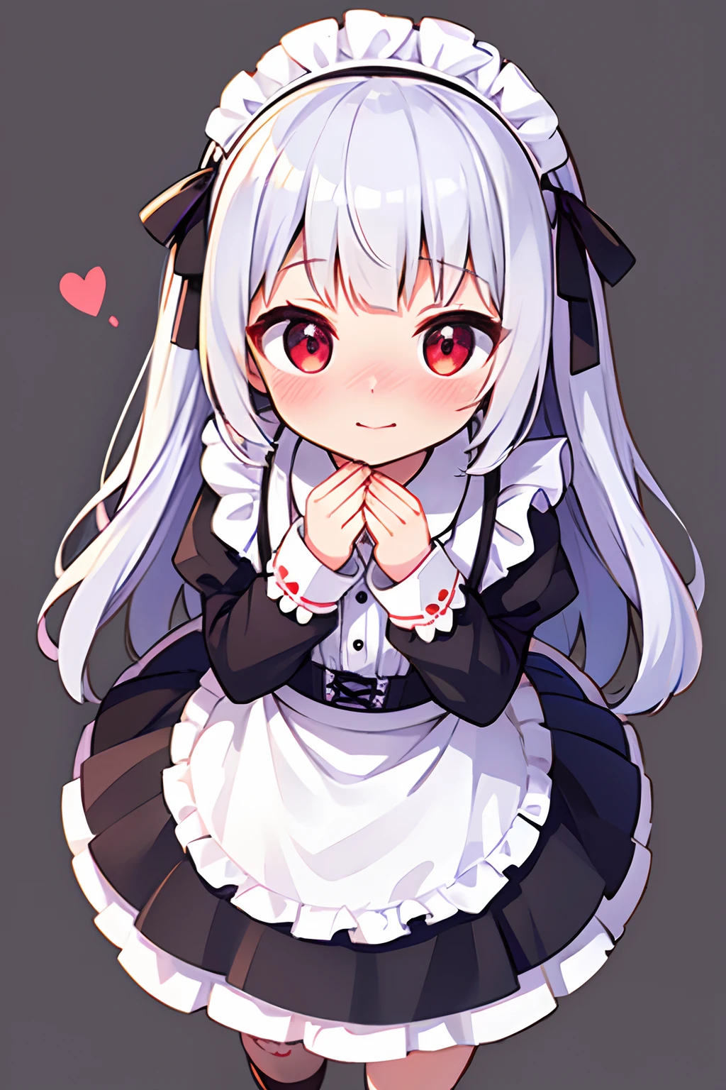 8K picture quality，silber hair,Red-eyed girl,cute little ,Long hair,Heartwarming,a miniskirt,****ta,A smile,Thumbnail styles，maid clothes，fluffly，Looking down from above,full body Esbian,heartbackground,Embarrassed expression