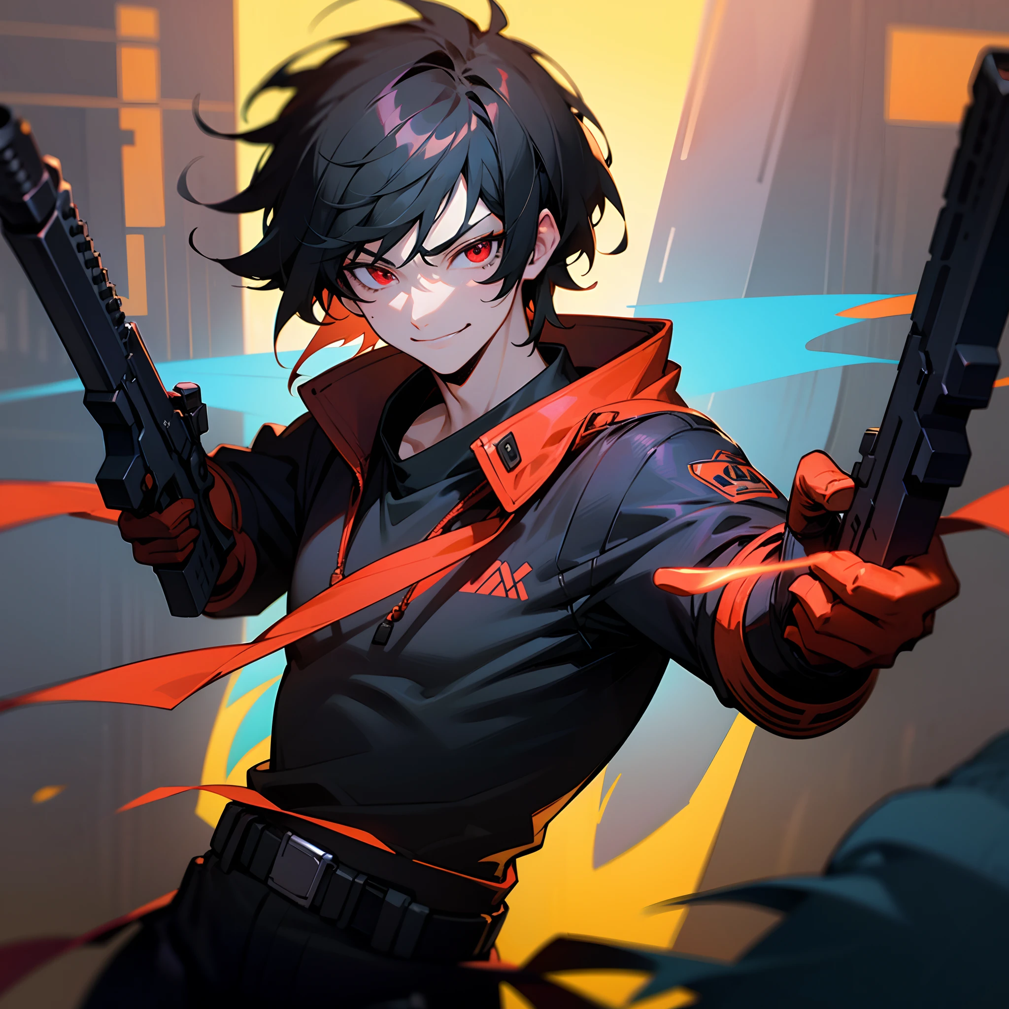 1boy, short black messy hair, red eyes, black t-shirt, baggy black pants, red gloves, smirk, holding a dual guns, solo, cyberpunk, neon, best quality, masterpiece, portrait, night city background, looking at the camera, from the front, 1result, vibrant, detailed, perfect anatomy, detailed art, high definition, 4k, high resolution, dynamic pose
