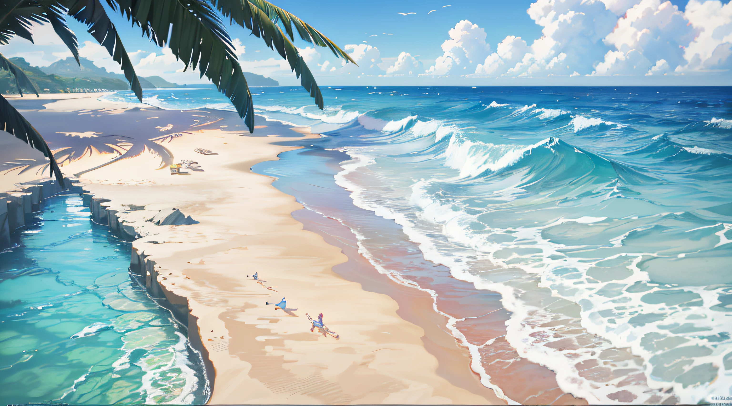 Wallpaper, Sea, Breaking Waves, Pink Sky, Beach, palm tree, sand, hills, shores, sand on the right, sea on the left, shaping straight line from top to bottom, beach shores, more sand, tree trunk on the sand, HD Detail, Wet Watermark, Ultra Detail, Film, Hyper Realism, Soft Light, Deep Field Focus Bokeh, Ray Tracing, Diffuse (extra fine glass reflections). --v6
