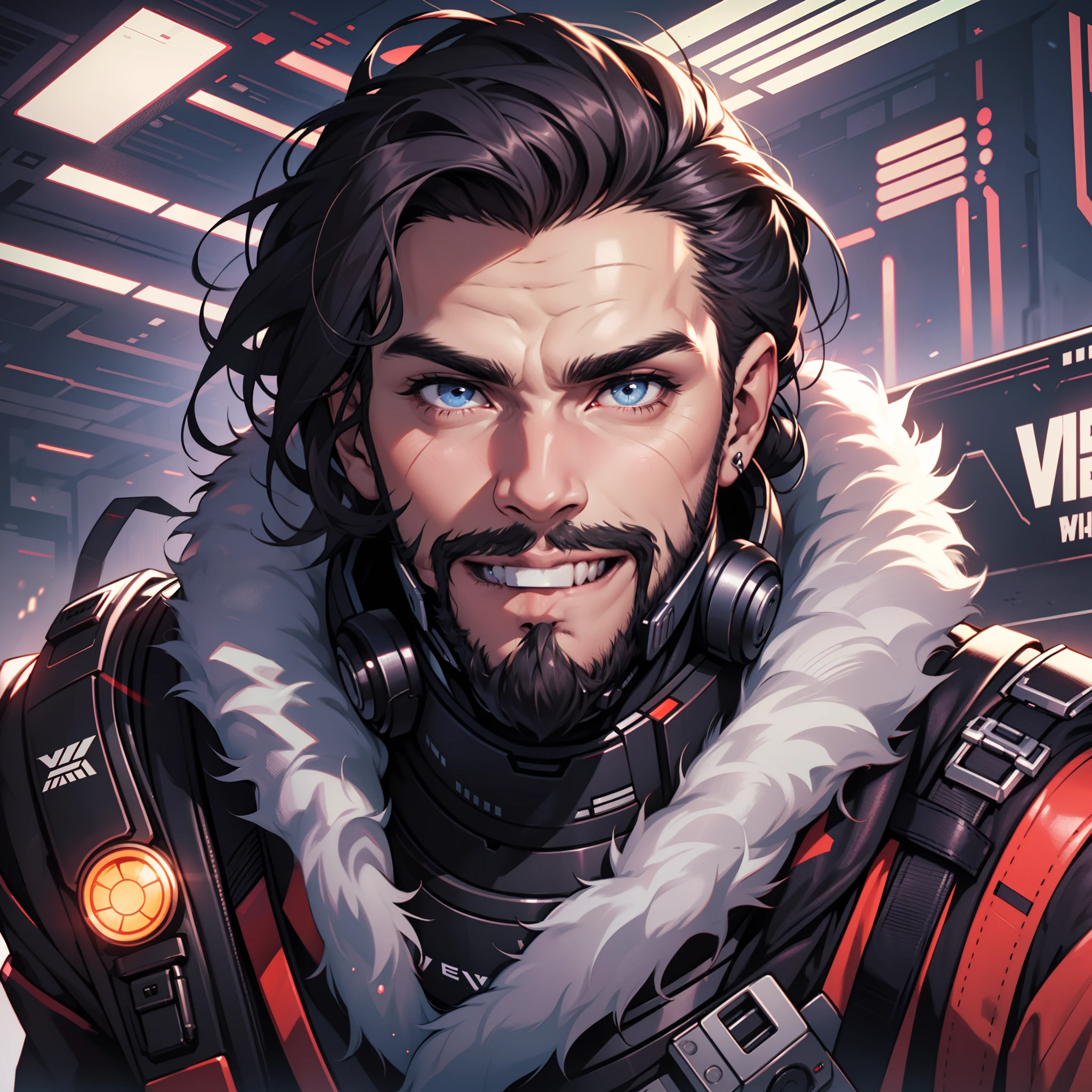 National style elements,30 age old,Handsome men,Have a beard,Front lens,Career is game streamer,Smile at the camera,Self-confident,Best light and shadow,cyber punk perssonage,tmasterpiece,hyper HD