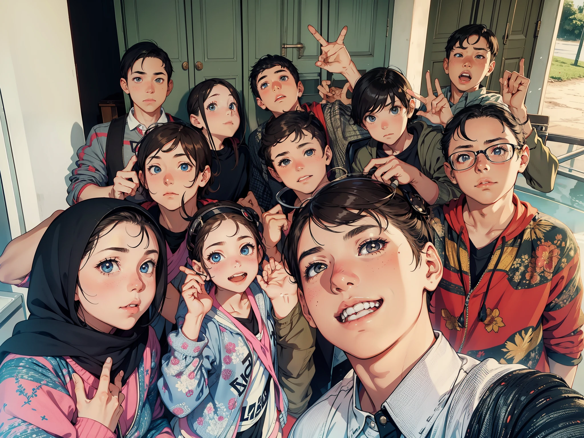 realisticlying,1 girl,3 boys,adolable,Moe girl,Look to the lens