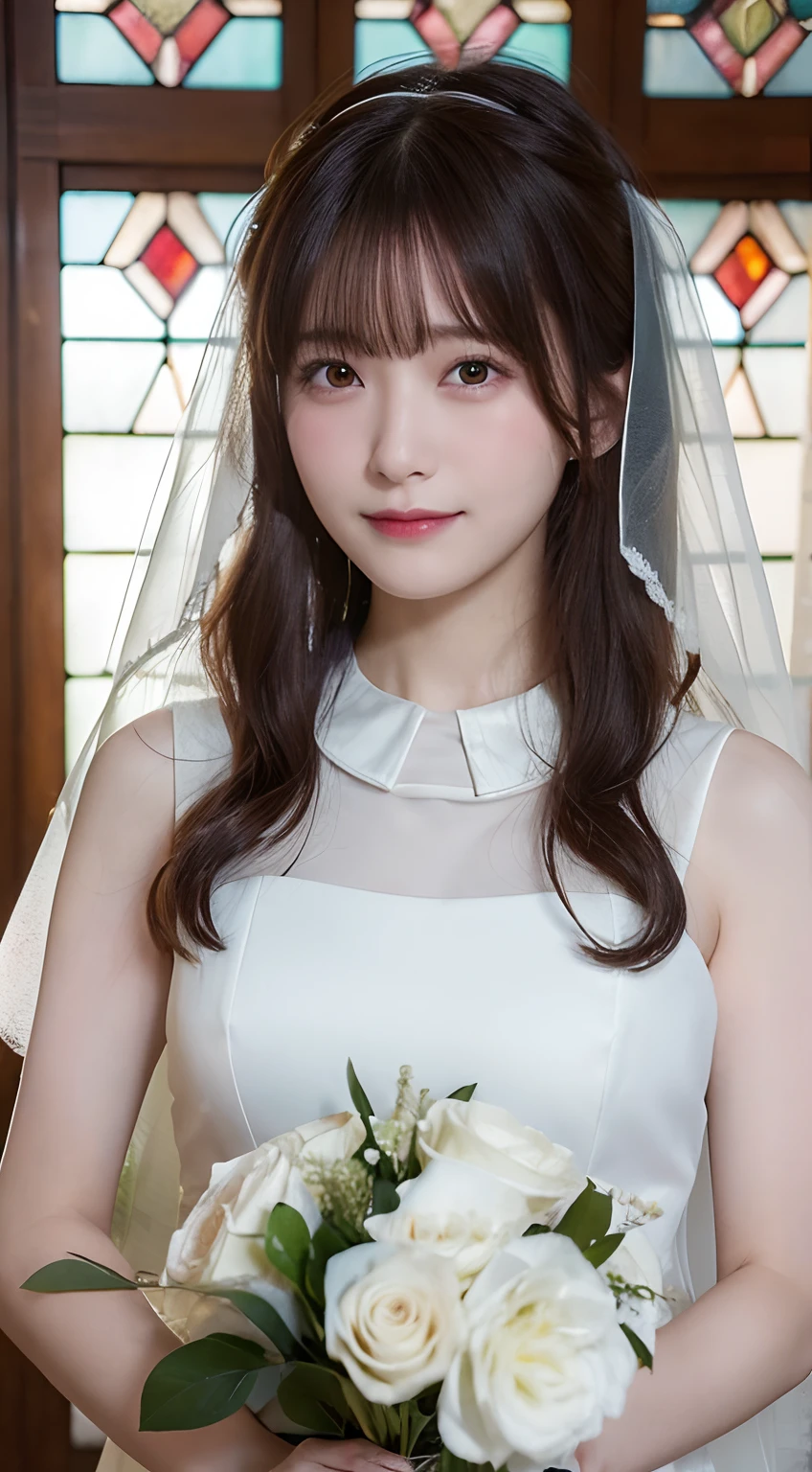 (top-quality,masterpiece:1.3,超A high resolution,),(ultra-detailliert,Caustics),(Photorealsitic:1.4,RAW shooting,)Ultra-realistic capture,A highly detailed,High resolution 16K human skin closeup。 Skin texture is natural、,The pores are、Must be detailed enough to be easy to identify。 Skin should look healthy with even tones。 Use natural light and color,1人,japanes,kawaii,22year old,Crying and laughter,Looking at the camera,Natural brown hair,half up,Medium-sized breasts,wedding veil,Pure White Wedding Dresses,Having a bouquet,erect through,Looking at the camera,chapel,(stain glass),Flooded with light,(Front view),front-facing view,cowboy shot,natural soft light