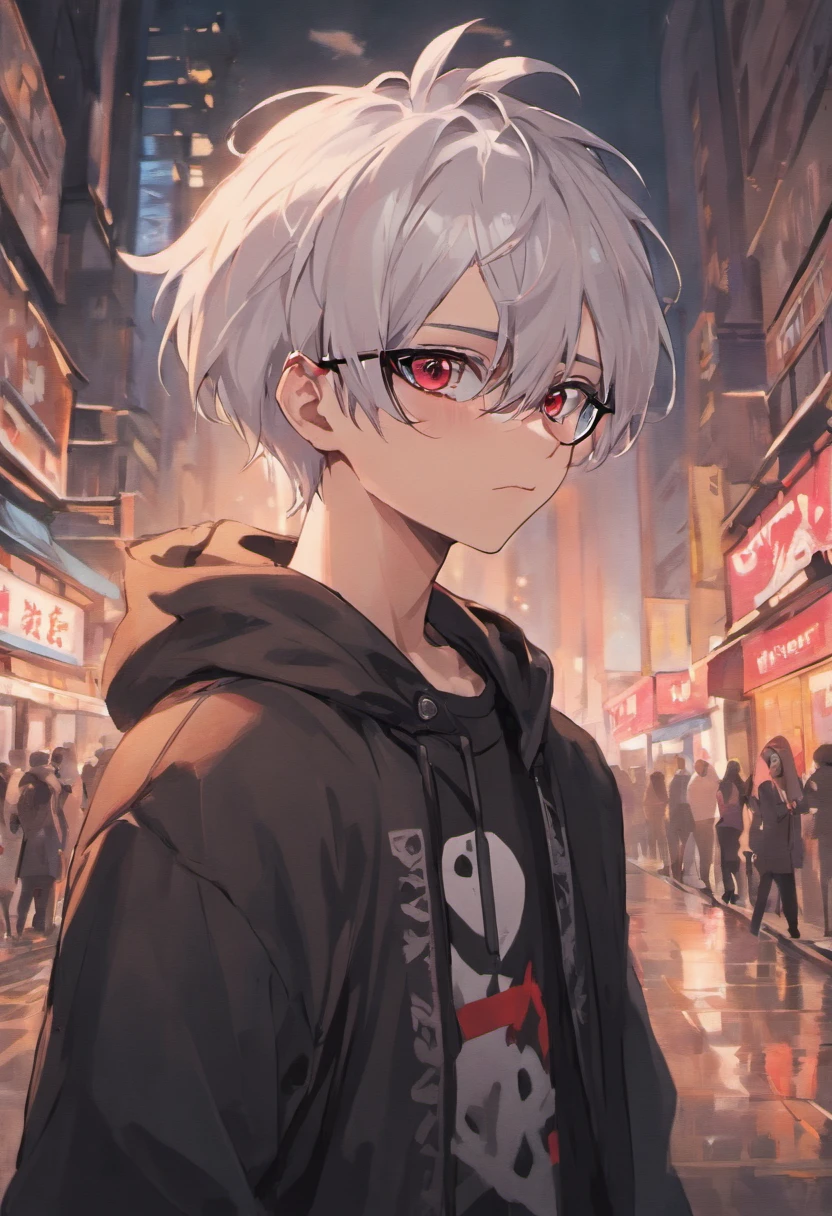 adult anime male skinny hipster with white hair and pointed ears, blood red eyes, glasses, soft jawline, femboy, wearing black and white clothing, pale skin tone, has short hair, have ponytail, wearing hipster outfit, ominous expression, downtown background
