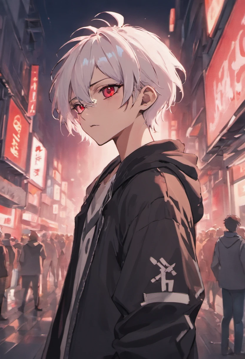 adult anime male skinny hipster with white hair and pointed ears, blood red eyes, glasses, soft jawline, femboy, wearing black and white clothing, pale skin tone, has short hair, have ponytail, wearing hipster outfit, ominous expression, downtown background