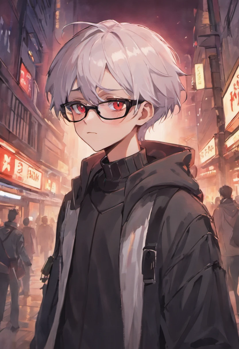adult anime male skinny hipster with white hair and pointed ears, blood red eyes, glasses, soft jawline, femboy, wearing black and white clothing, pale skin tone, has short hair, have ponytail, wearing hipster outfit, ominous expression, downtown background
