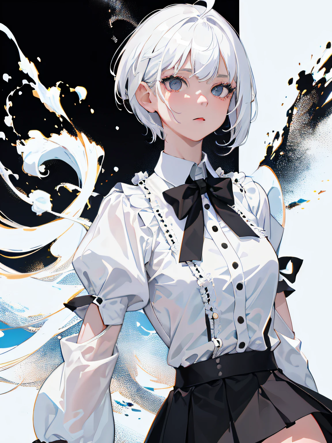 ((masterpiece, best quality)), (1girl), (solo), (female focus), (ahoge, white hair, short hair), black eyes, ((white shirt), (buttoned shirt)), ((black skirt), (short skirt)), standing, white background, behind arms,