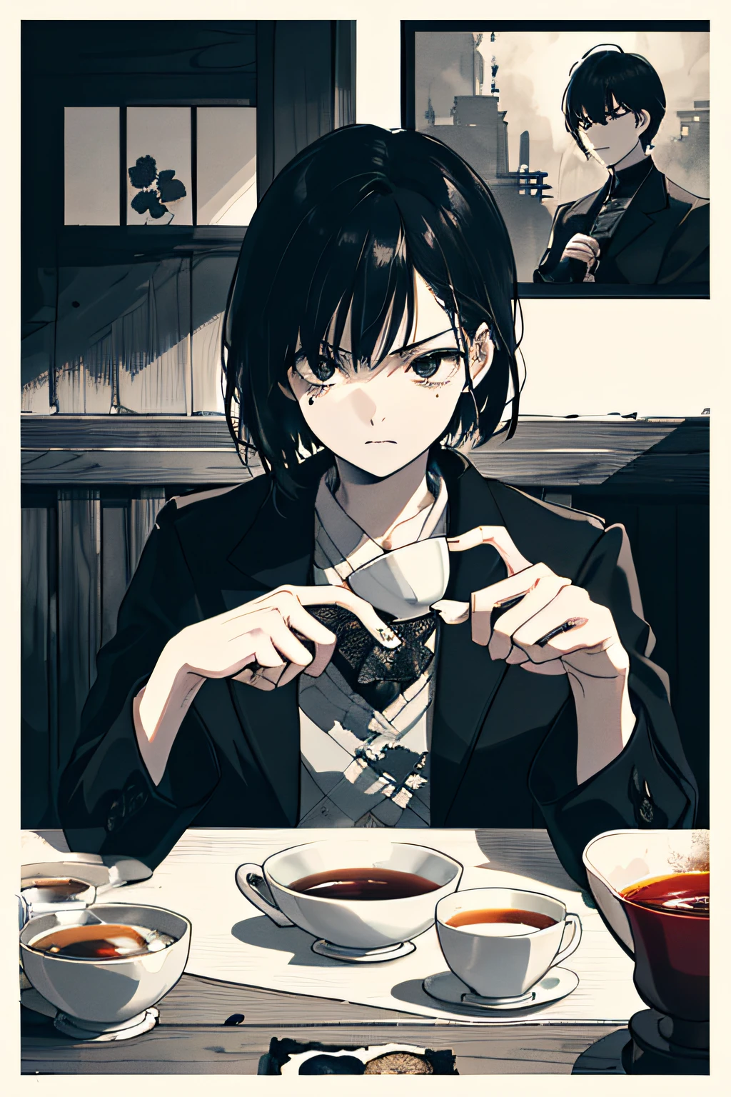 ((((Dramatic))), (((grittiness))), (((Formidable))) Film posters are centered around young writers。。。。。。。。。。。。。(tmasterpiece:1.2),best qualtiy,(tmasterpiece:1.2),best qualtiy,realisticlying,tearoom,tea ceremony,black hair and black eyes,tee,tee,self-assured,ellegance,shush