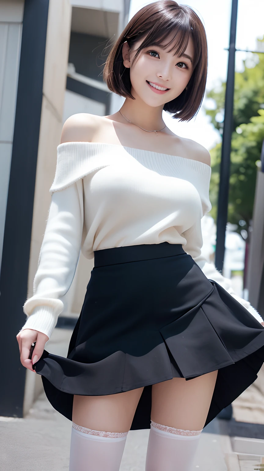 (in 8K, Raw photo, Best Quality, masutepiece:1.2), (Realistic, Photorealsitic:1.37), Best Quality, 超A high resolution、Natural lighting,1girl、kawaii、Cute、A detailed face、beautiful girl of 20 years old、(huge tit:1.3)、beautiful breasts、White sweater, off shoulder、(High-waisted black ruffled miniskirt)、(detailed white panty)、cameltoe、Black shoes、Shoulder Bag、TOKYOcty、outside of house、(a person、crowd:1.3)、(skirt lift:1.5)、(panty shot:1.5)、to stand、Look at viewers、Touching the chin with one hand、Put one hand on your hip、brown haired、short-hair、detailed volumey bob cut、(Smile:1.4)、(cinematic angle、dutch angle)、(depth of field)