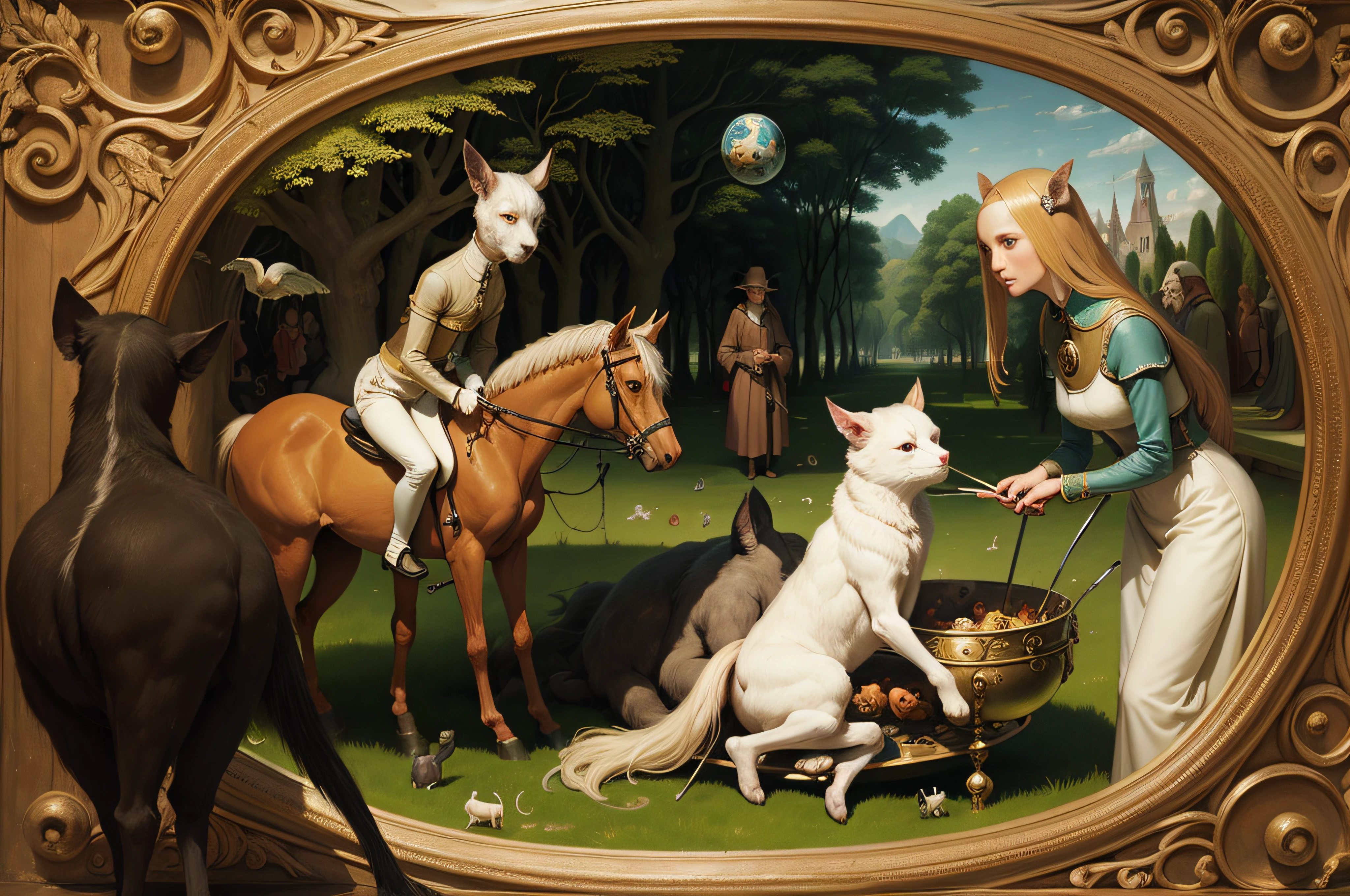 Surrealism people and animals without a blouse, Fancy , painting, Hieronymus Bosch, Garden of Earthly Delights very sharp