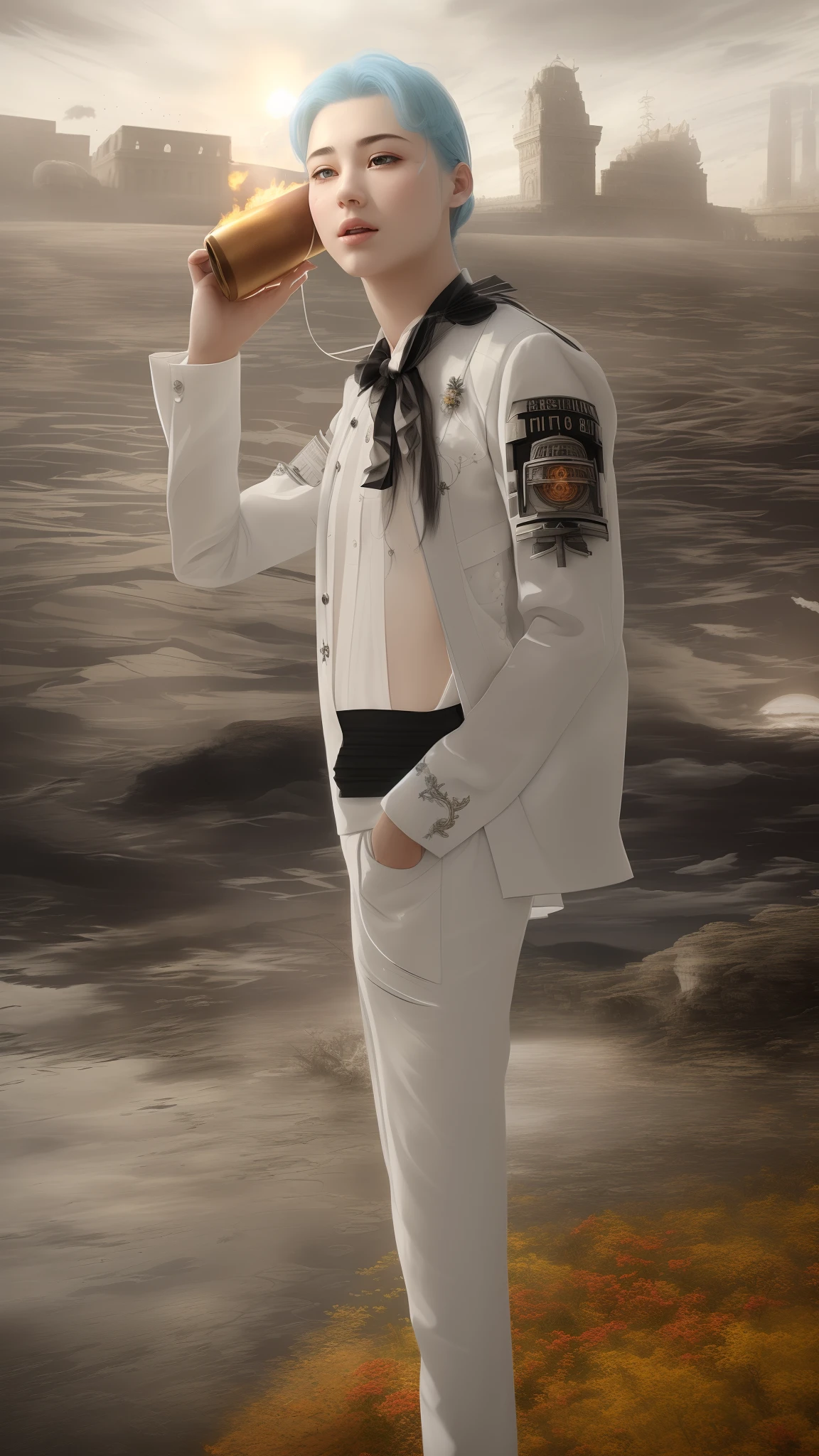 masterpiece, exquisite, illustration, {beautiful and meticulous girl}, beautiful and detailed halo, (fire of war: 1.2), (nuclear explosion behind: 1.3), rain, detailed lighting, detail water, (beautiful and detailed eyes: 1.1), expressionless, palace, sky blue hair, scattered hair, long bangs, eyebrows, (white-gray dress: 1.1), black ribbon, white bow tie, upper abdomen, big forehead, dull, flower, long sleeves