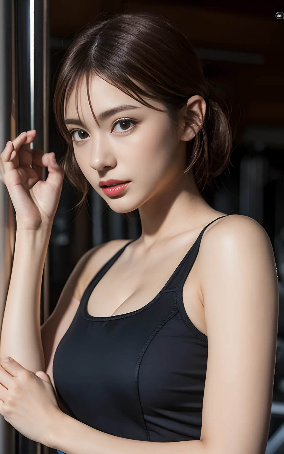 Looking at Viewer, Cinematic lighting, Perfect, softlight, High resolution skin:1.2, Realistic skin texture, 30 years old mature woman、a small face、no-makeup、off shoulders,Bust B Cup、Small breasts、 Exposed cleavage, wetting hair、Short hair, dark brown hair、leggins、Sportsbra、fullnude、face after intense exercise、Sweat gushing、Gray background