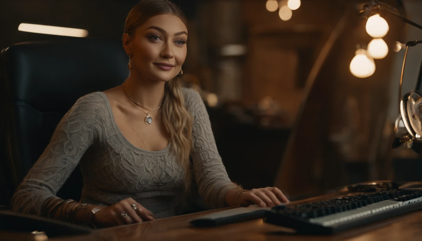 there is a woman sitting at a desk with a computer and a keyboard,with a big money stack , dollar bills, tattooed as a youtuber, looking at viewer ,smiling, modern portrait shot 8 k, lens light, portrait of Gigi Hadid, Gigi Hadid cute, cinematic lens, wearing Knitted Sleeveless Tank Tops, canon ultra high definition, detailed face , detailed eyes , detailed arms