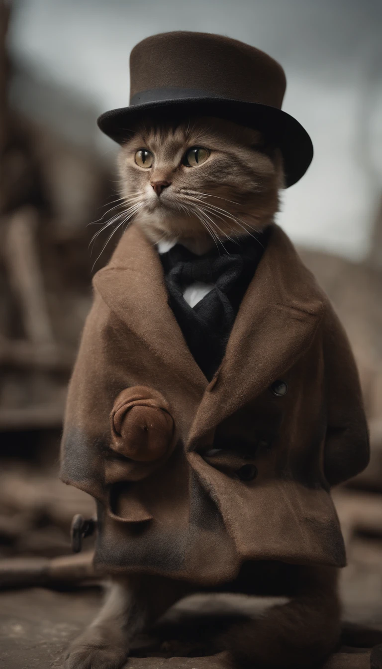 An image of a black cat in a hat and scarf holding a shotgun in its paws,Trends in Art Station,Wear punk clothes,Ultra-realistic detailed rendering,urban style,intimidating pose,planet of cats,Fashionable outfit,urbansamurai,cat,Wearing a work hat,Moving bricks on a construction site