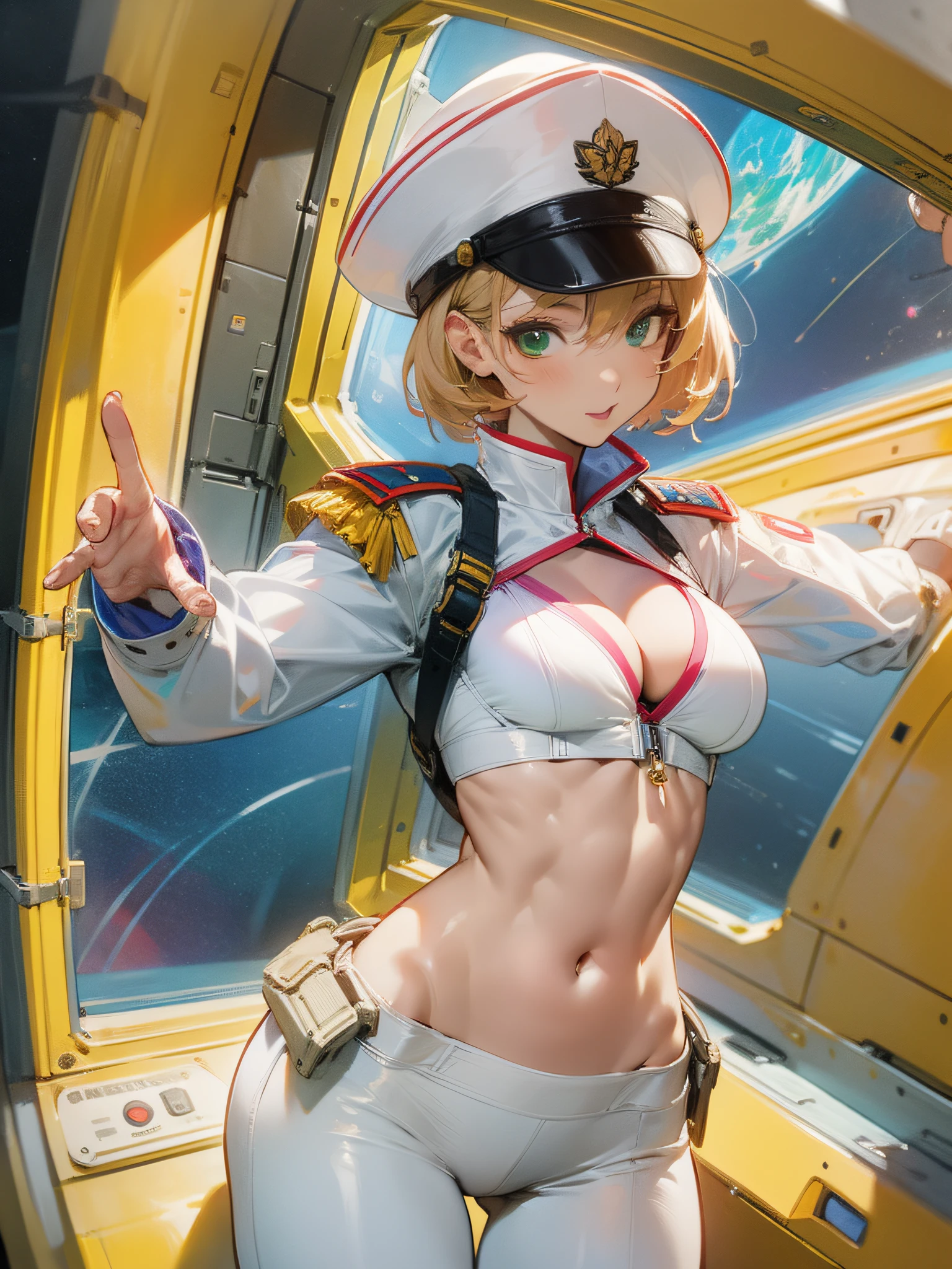 （（​masterpiece））、（（Top image quality））、（（Top image quality））、（Illustration of one girl）、（Cool）、A slender、Crouch Pose、full body Esbian、25-years old、neuter、a blond、short-haired、Green eyes、（（Long body））、（（Muscular and strong body））、Navel、cleavage of the breast、（（Muscular and strong body））、（（Military uniforms））、（（Military Cap））、（（Military coat））、（white  clothes）、（White pants）、（White cap）、trench coat、（（Inside the spaceship））、（Outside the window、kosmos、Earth seen from space、Spaceport）
