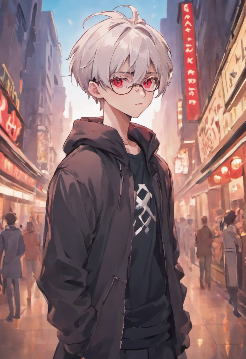adult anime male skinny hipster with white hair and pointed ears, blood red eyes, glasses, soft jawline, femboy, wearing black and white clothing, pale skin tone, has short hair, have ponytail, wearing hipster outfit, ominous expression, downtown background, looking straight to the camera