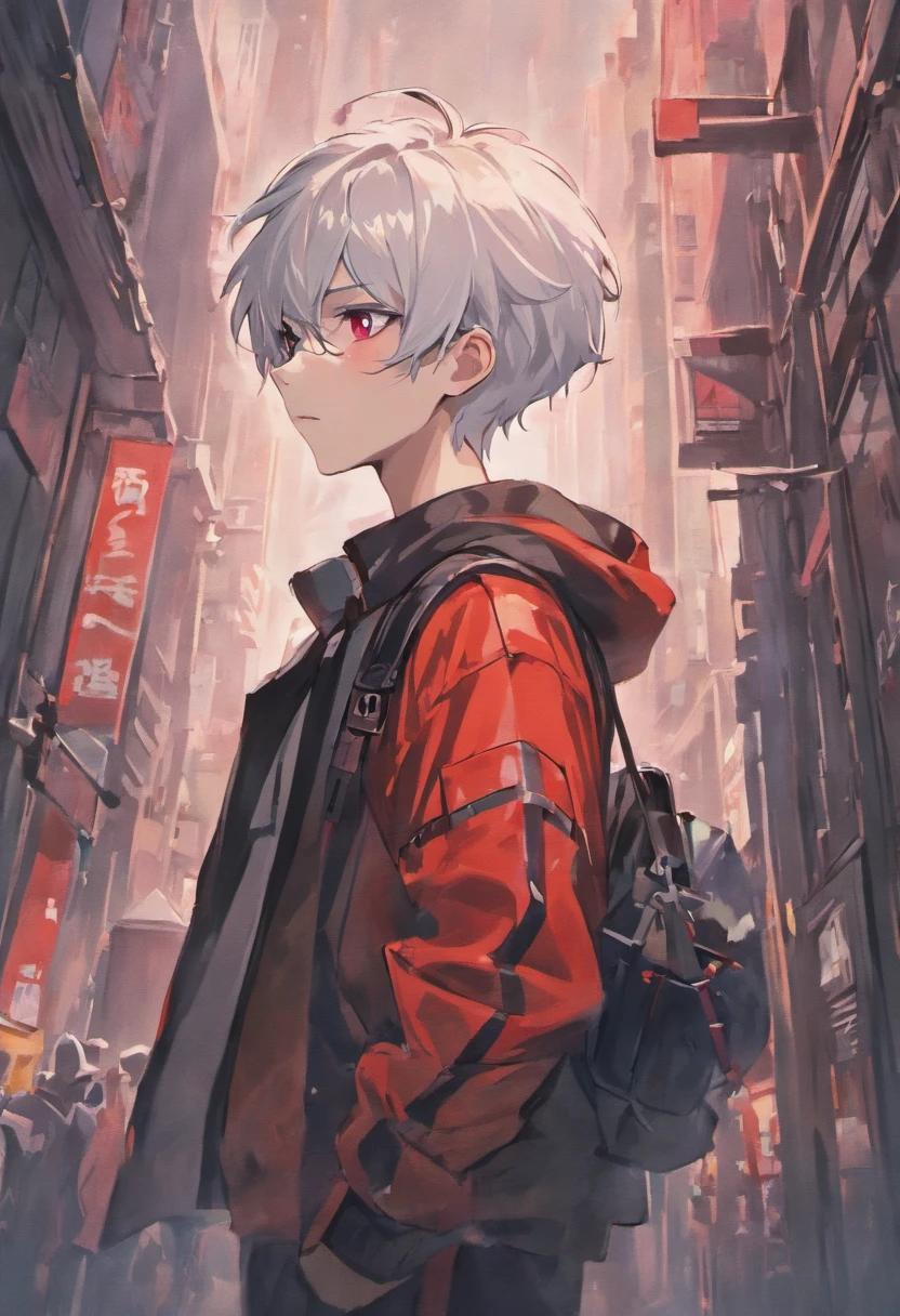 adult anime male skinny hipster with white hair and pointed ears, blood red eyes, glasses, soft jawline, femboy, wearing black and white clothing, pale skin tone, has short hair, have ponytail, wearing hipster outfit, ominous expression, downtown background, looking straight to the camera