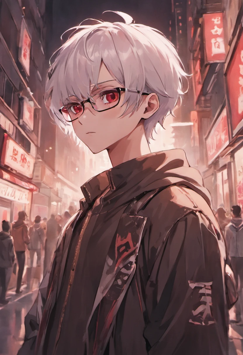 adult anime male skinny hipster with white hair and pointed ears, blood red eyes, glasses, soft jawline, femboy, wearing black and white clothing, pale skin tone, has short hair, have ponytail, wearing hipster outfit, ominous expression, downtown background, looking straight to the camera