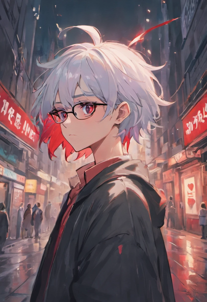 adult anime male skinny hipster with white hair and pointed ears, blood red eyes, glasses, soft jawline, femboy, wearing black and white clothing, pale skin tone, has short hair, have ponytail, wearing hipster outfit, ominous expression, downtown background, looking straight to the camera