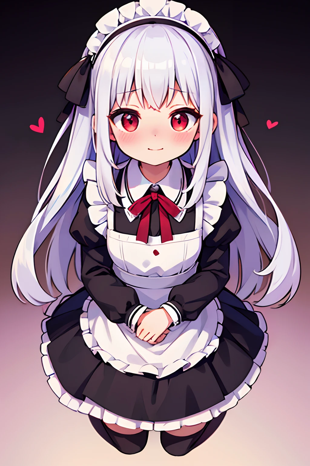 8K picture quality，silber hair,Red-eyed girl,cute little ,Long hair,Heartwarming,a miniskirt,****ta,A smile,Thumbnail styles，maid clothes，fluffly，Looking down from above,full body Esbian,heartbackground,Embarrassed expression