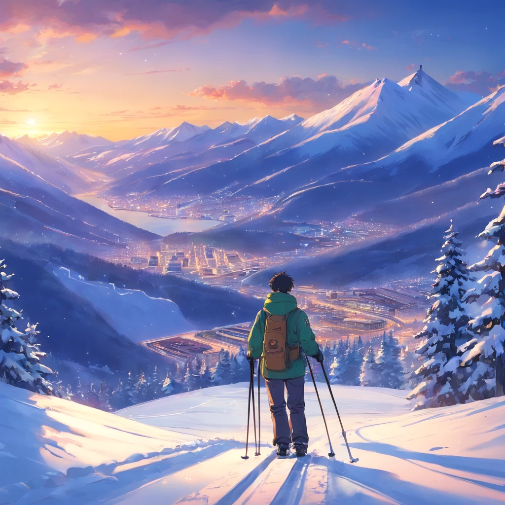 tmasterpiece,beste-Qualit,cinematic shot from the film,A man in a Soviet military exoskeleton ,snow mountain,backpack and armor vest, Military overcoat,The standing back is in the middle of the frame,The proportion is relatively small, In the distance is the tourist area of the snow ski resort,On the ski slopes there are cable cars uphill,Bright,cheerfulness,Warm and soft lighting,Sundown,(Spark Light:0.7)
