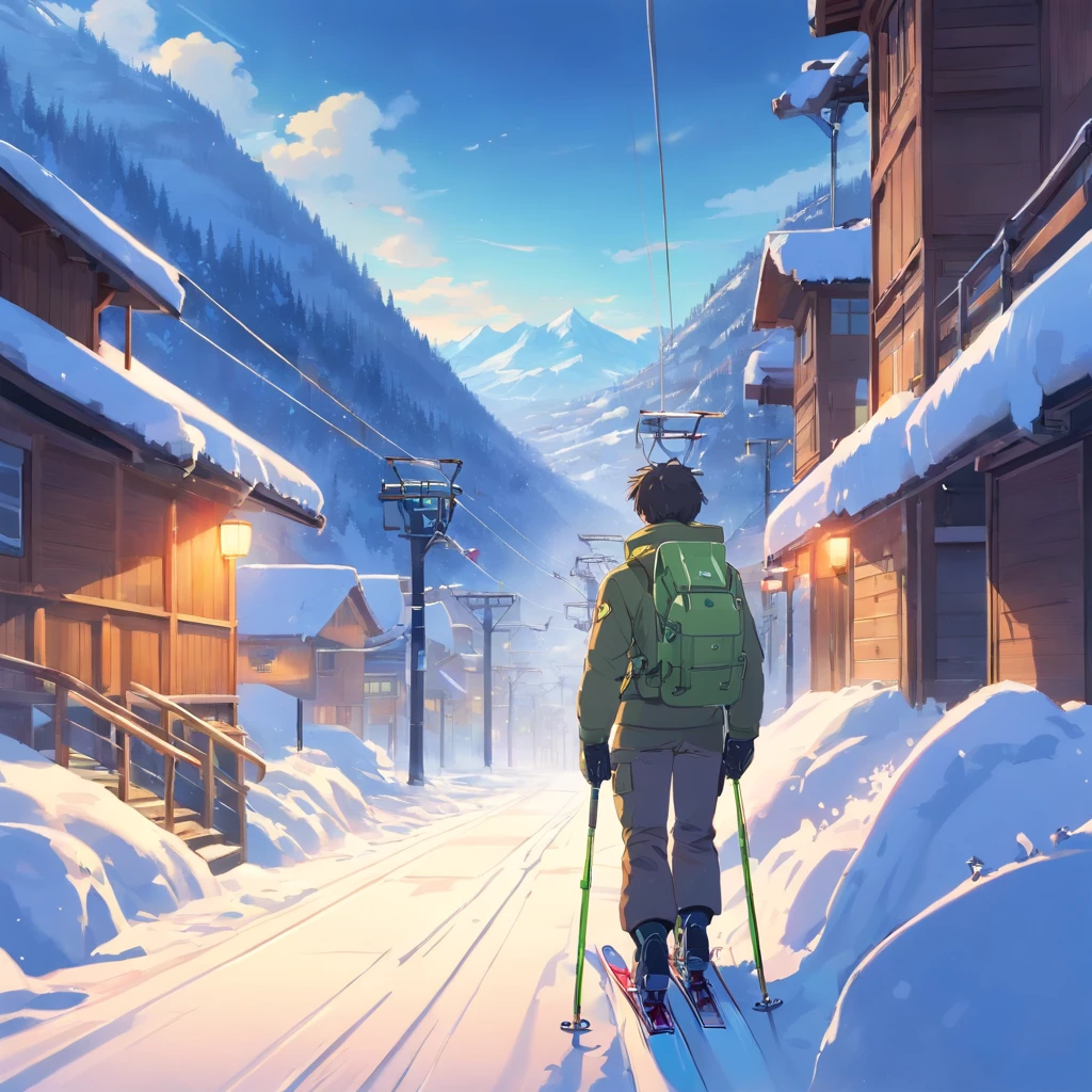 tmasterpiece,beste-Qualit,cinematic shot from the film,A man in a Soviet military exoskeleton ,snow mountain,backpack and armor vest, Military overcoat,The standing back is in the middle of the frame,The proportion is relatively small, In the distance is the tourist area of the snow ski resort,On the ski slopes there are cable cars uphill,Bright,cheerfulness,Warm and soft lighting,Sundown,(Spark Light:0.7)
