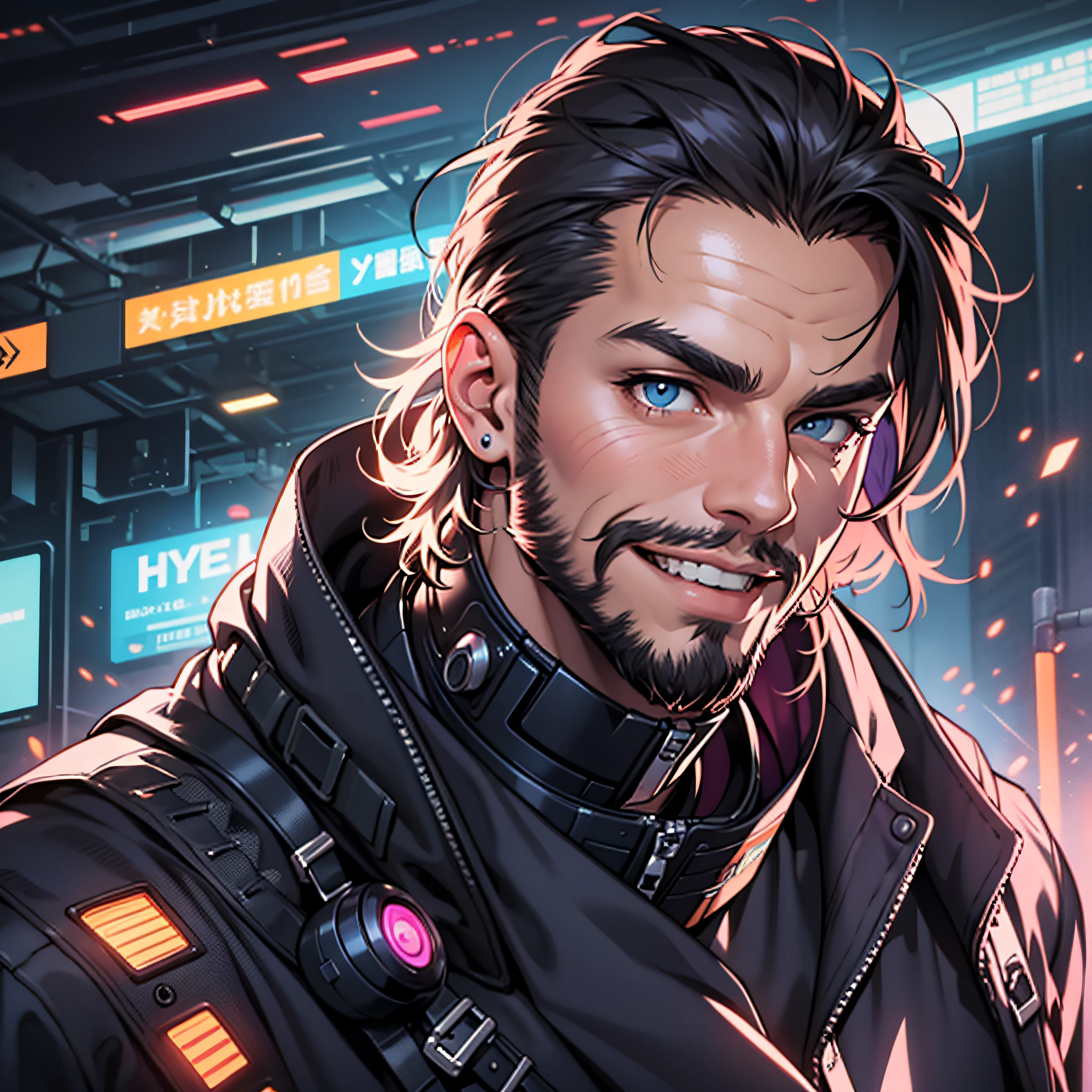 National style elements,30 age old,Handsome men,Have a beard,Front lens,Career is game streamer,Smile at the camera,Self-confident,Best light and shadow,cyber punk perssonage,tmasterpiece,hyper HD