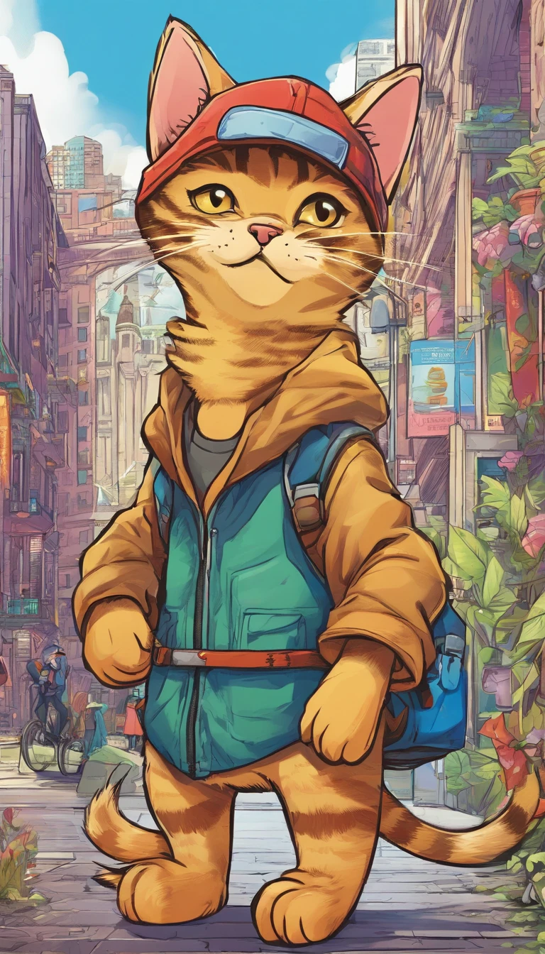 Image of a tabby cat in a cap and raincoat, holding a wad of money in his paws,Trends in Art Station,Wear formal clothing,Ultra-realistic detailed rendering,urban style,intimidating pose,planet of cats,Fashionable outfit,urbansamurai,cat,Wearing a cap,The bank building in the background