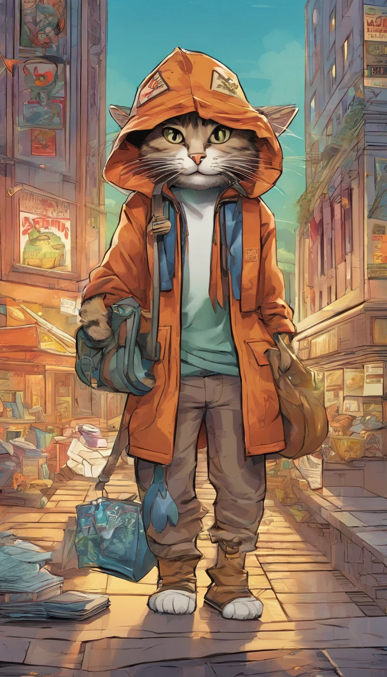 Image of a tabby cat in a cap and raincoat, holding a wad of money in his paws，Trends in Art Station，Wear formal clothing，Ultra-realistic detailed rendering，urban style，intimidating pose，planet of cats，Fashionable outfit，urbansamurai，cat，Wearing a cap，The bank building in the background