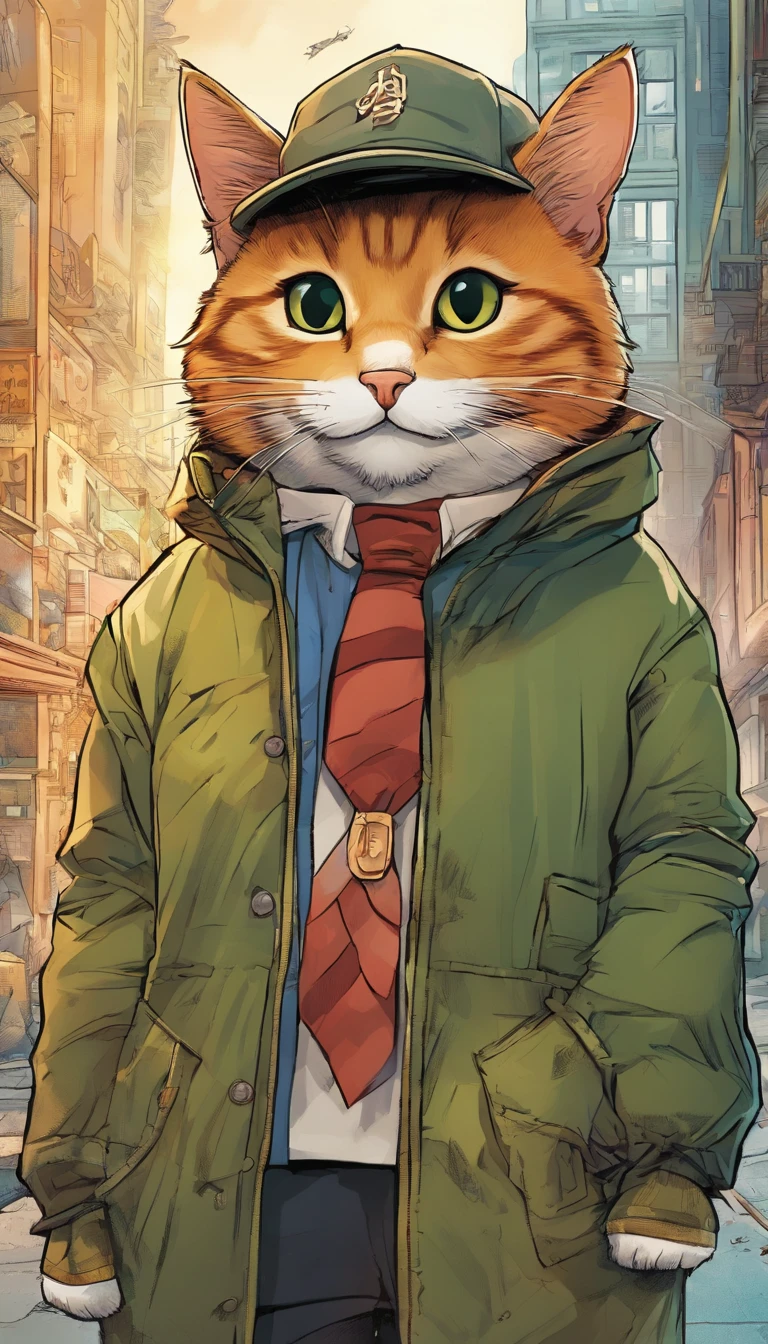Image of a tabby cat in a cap and raincoat, holding a wad of money in his paws，Trends in Art Station，Wear formal clothing，Ultra-realistic detailed rendering，urban style，intimidating pose，planet of cats，Fashionable outfit，urbansamurai，cat，Wearing a cap，The bank building in the background