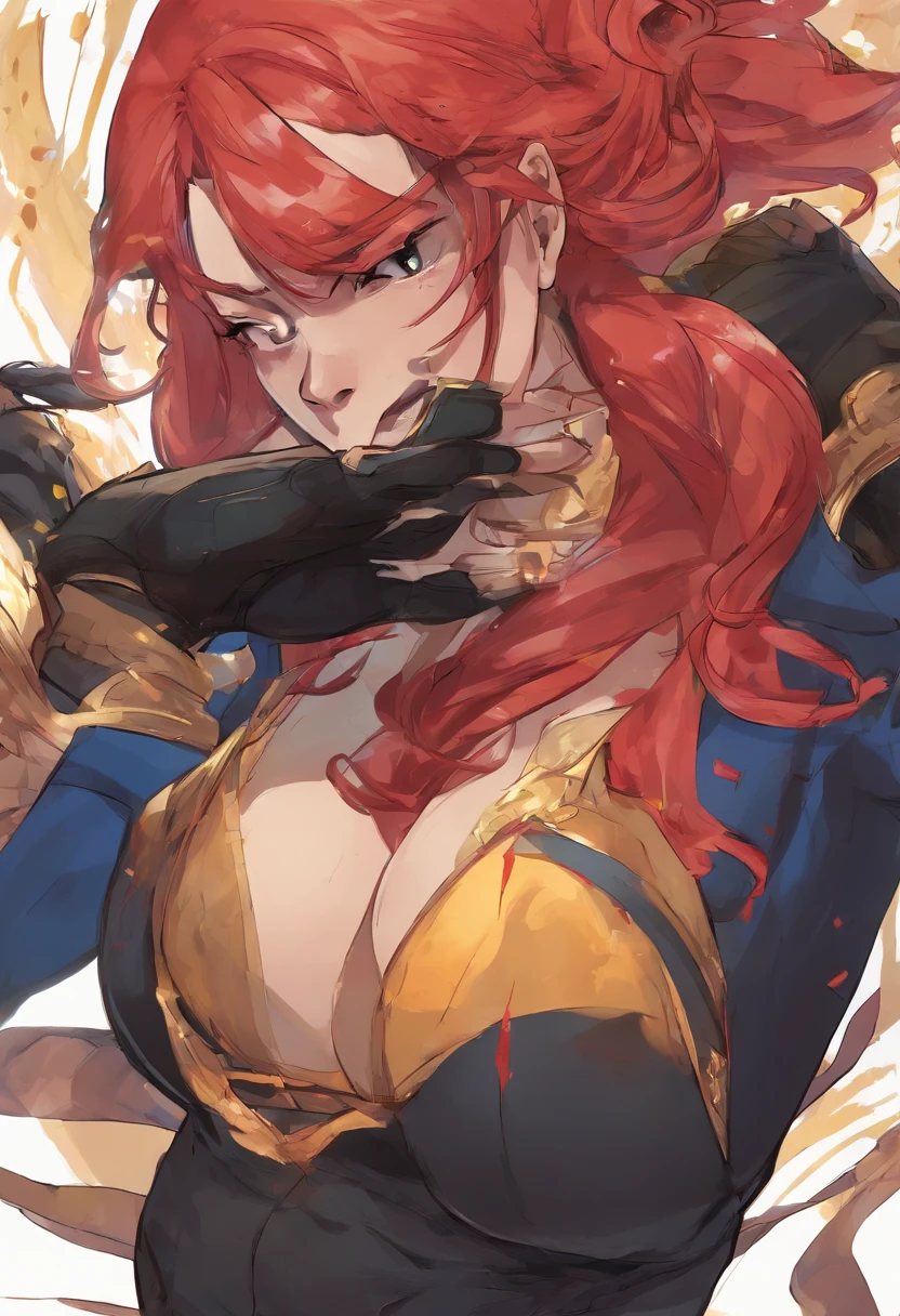 (Masterpiece), best quality), 1girl, full body, ((Red hair)), (long hair), straight hair that falls over her shoulders, clear and expressive blue eyes, Her face is oval with fine and harmonious features, a medium, upturned nose, and high cheekbones. She is thin, has accentuated curves, medium breasts, a thin waist and wide hips, her legs are long and toned, her feet are small and delicate, She is about 1.70 m tall and weighs about 55 kg, athletic body, black spy tight jumpsuit, black high boots, black gloves, black belt with a gold buckle, (spy), (spy fight pose), (angry)
