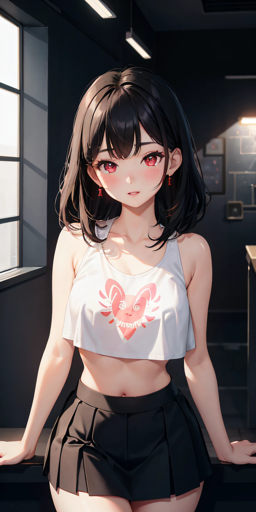 1girl, parted lips, blush, makeup, light smile, black hair, red eyes, crop top, skirt, light rays, glow, thighs, collarbone, narrow waist, (masterpiece), wallpaper,