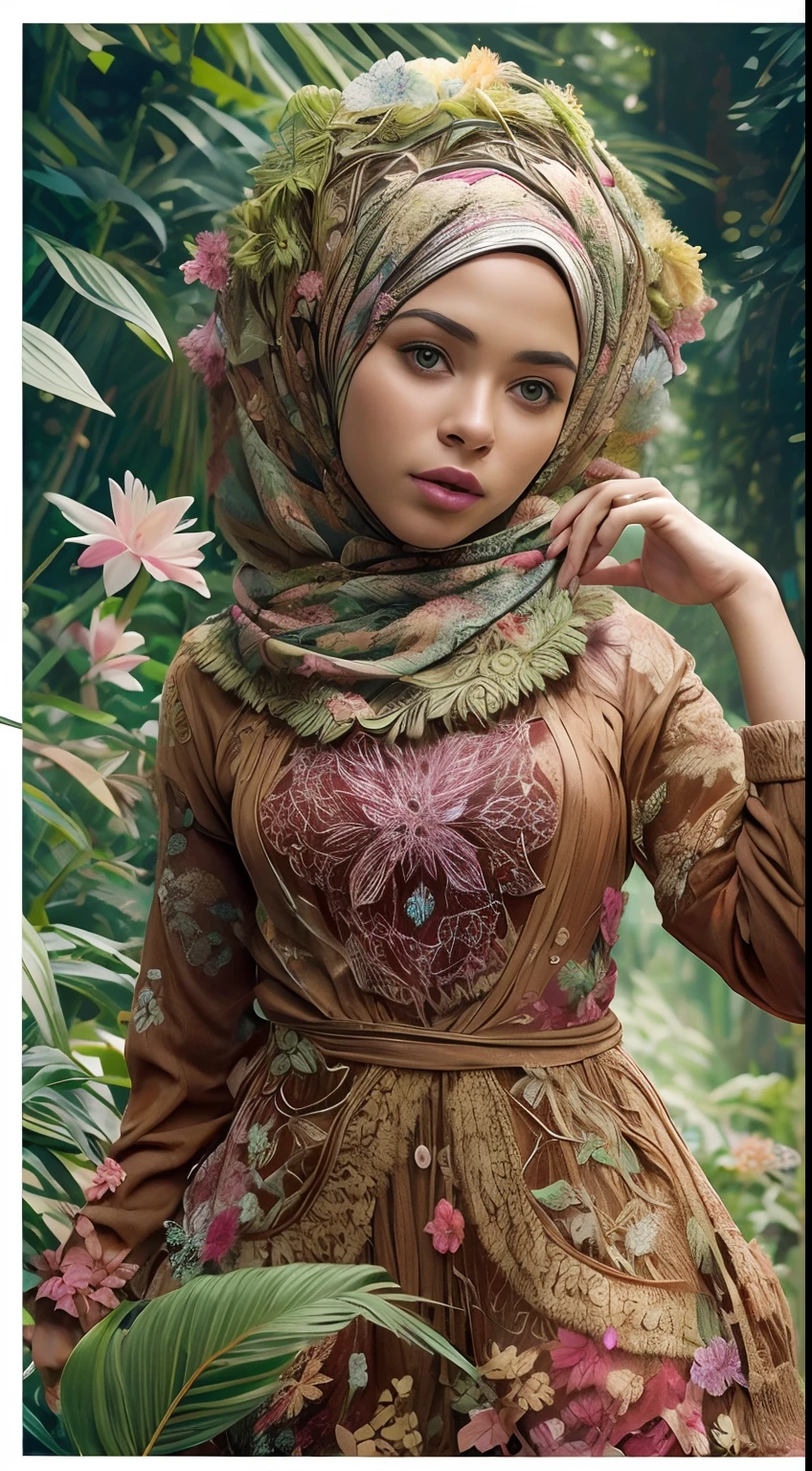 1sexy menina in hijab com roupas da floresta, flores, folhas, mandalas, fractal,( AFRO americana)