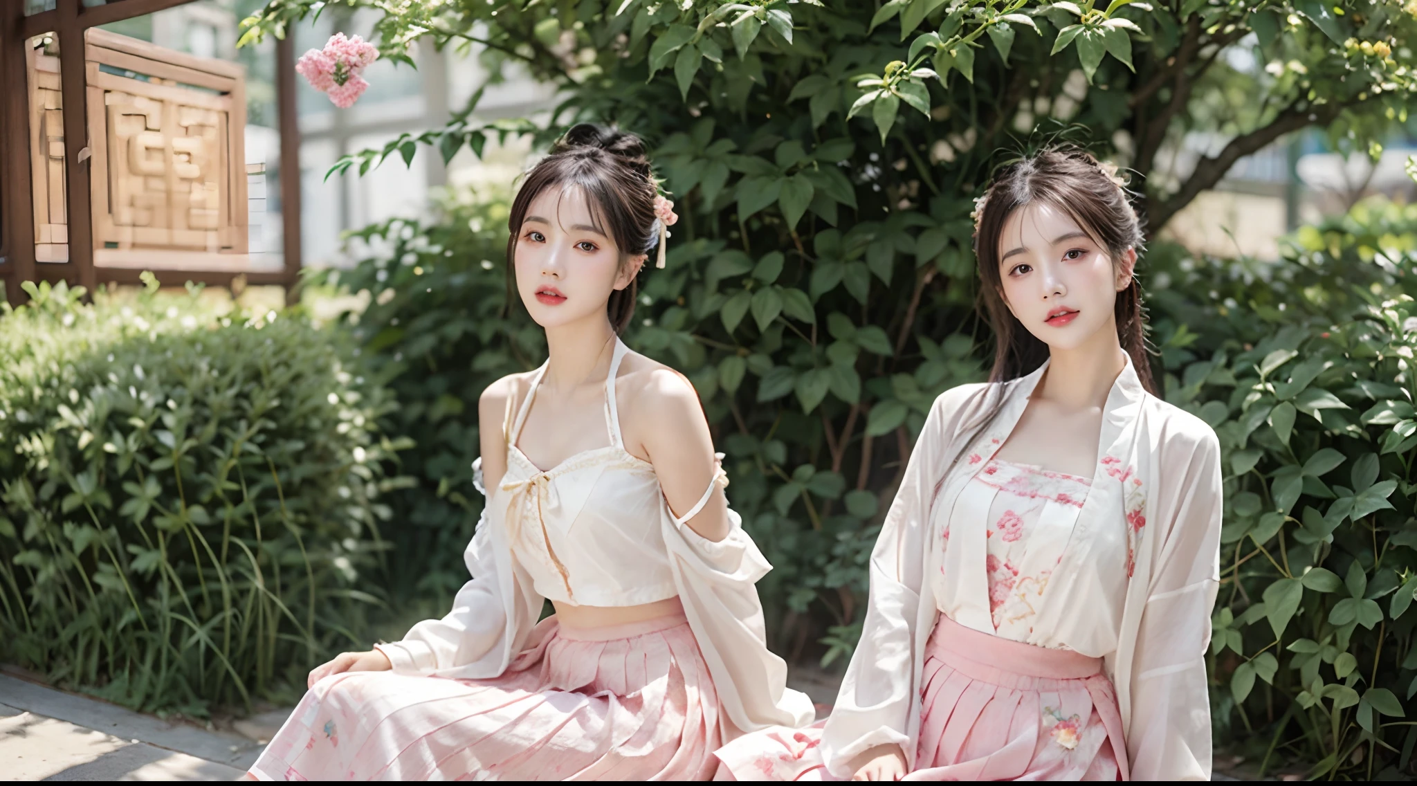 (High-resolution 8K raw photos are realistic,best qualtiy)，Fashion trendy beautiful and charming woman，gentle and charming Chinese beautiful woman，delicate and sexy collarbones，charming oval face，二重まぶた，Ingenious[peaches]flower eyes，redish pink lips，small-nose，exposed bare shoulders，focus at face，closeup of face，Hyper-detailing，(China-style，Gauze skirt，Hanfu:1.3)，Background bokeh，cleavage，long leges，(Seven-doppelganger shot，中景 the scene is，Solo)，lacing， Fresh and impressive， natural color，Front light，Leaning against the wall，sitted，Princess chair，Body proportions are normal，Leaning together，Garbage heap，There is water on the ground，Swelling，There is a tattoo on the chest