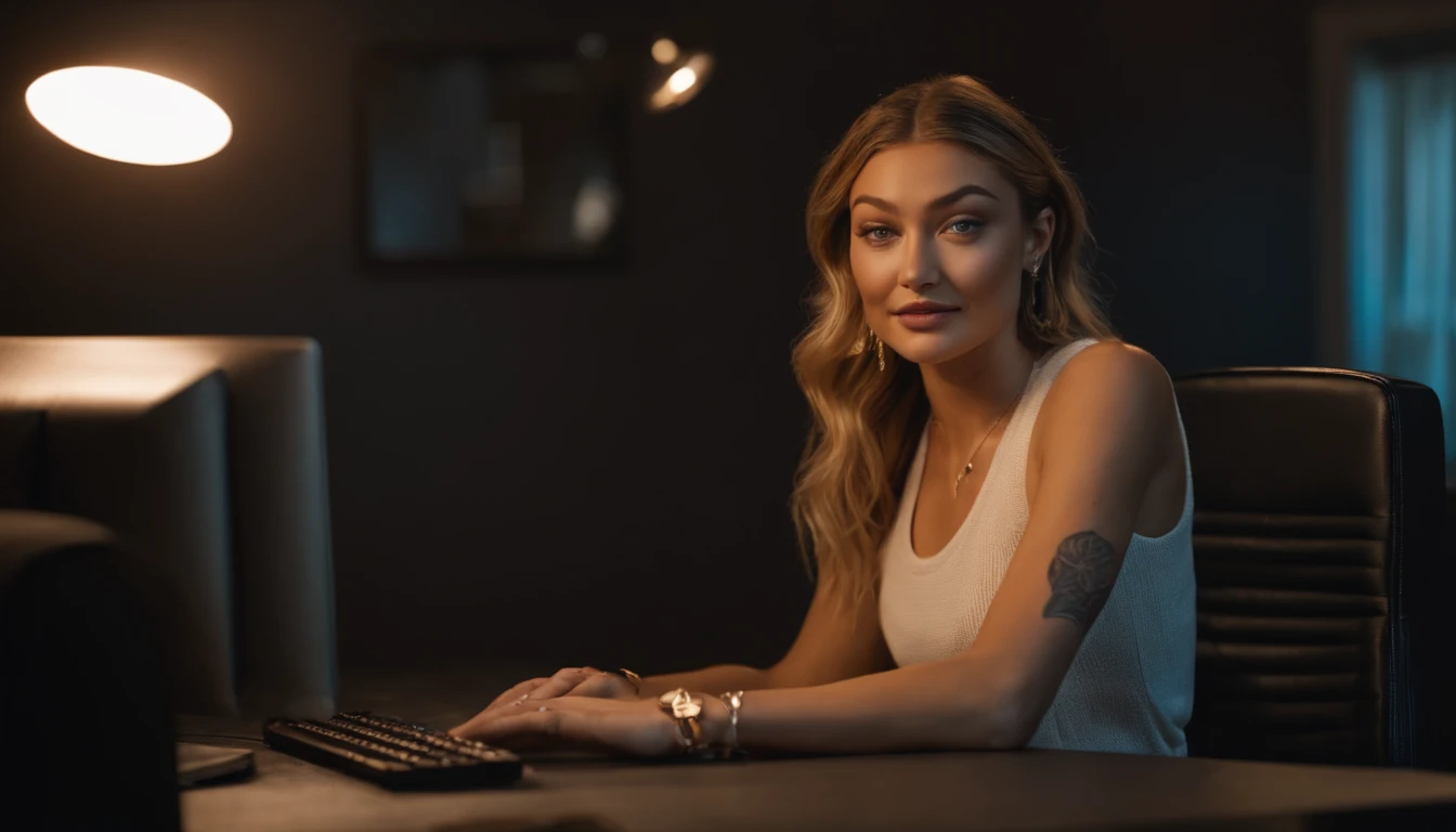 there is a woman sitting at a desk with a computer and a keyboard,with a big money stack , portrait of Gigi Hadid, , tattooed , as a youtuber, looking at viewer ,smiling, modern portrait shot 8 k, lens light, portrait of Gigi Hadid, Gigi Hadid cute, cinematic lens, wearing Knitted Sleeveless Tank Tops, canon ultra high definition, detailed face , detailed eyes , detailed arms