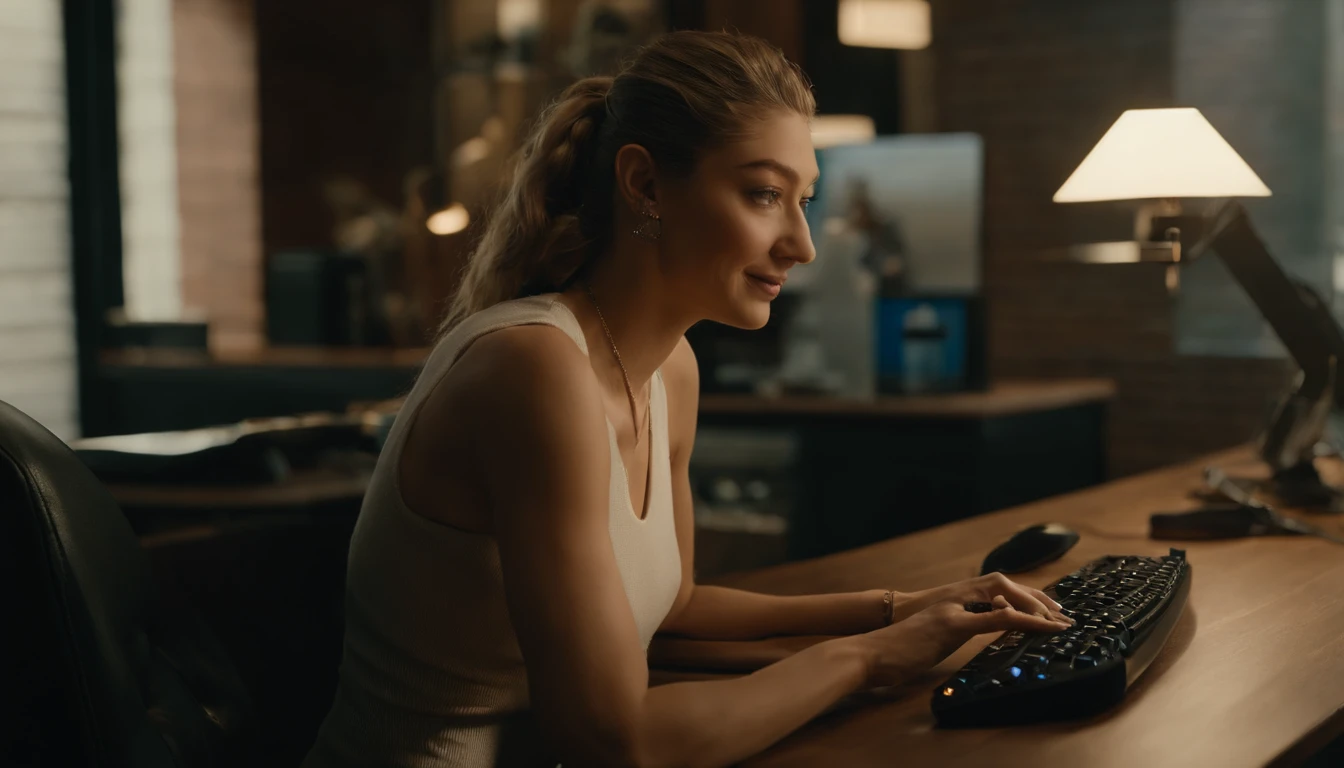 there is a woman sitting at a desk with a computer and a keyboard,with a big money stack , portrait of Gigi Hadid, , tattooed , as a youtuber, looking at viewer ,smiling, modern portrait shot 8 k, lens light, portrait of Gigi Hadid, Gigi Hadid cute, cinematic lens, wearing Knitted Sleeveless Tank Tops, canon ultra high definition, detailed face , detailed eyes , detailed arms