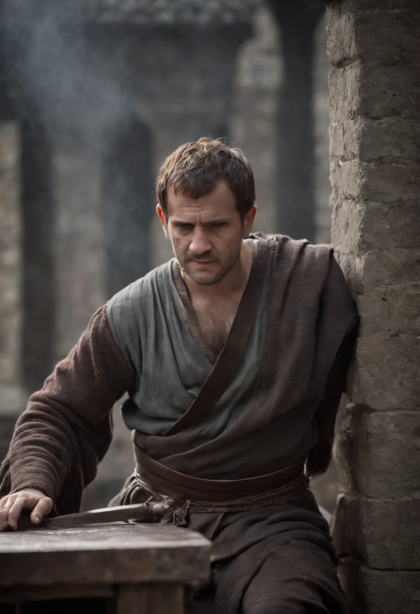 Aristotle,Kneel on the guillotine,The executioner is preparing to behead,Painful expression,In the square,dark stormy clouds
