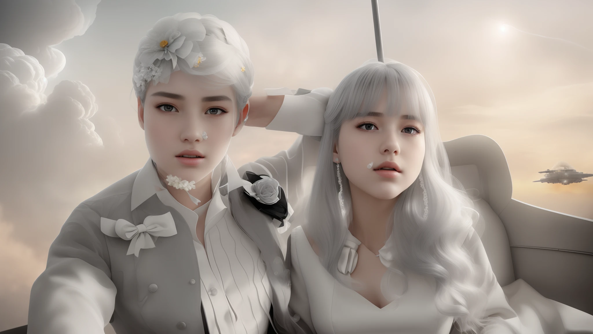 masterpiece, exquisite, illustration, {beautiful and meticulous girl}, beautiful and detailed halo, (fire of war: 1.2), (nuclear explosion behind: 1.3), rain, detailed lighting, detail water, (beautiful and detailed eyes: 1.1), expressionless, palace, sky blue hair, scattered hair, long bangs, eyebrows, (white-gray dress: 1.1), black ribbon, white bow tie, upper abdomen, big forehead, dull, flower, long sleeves