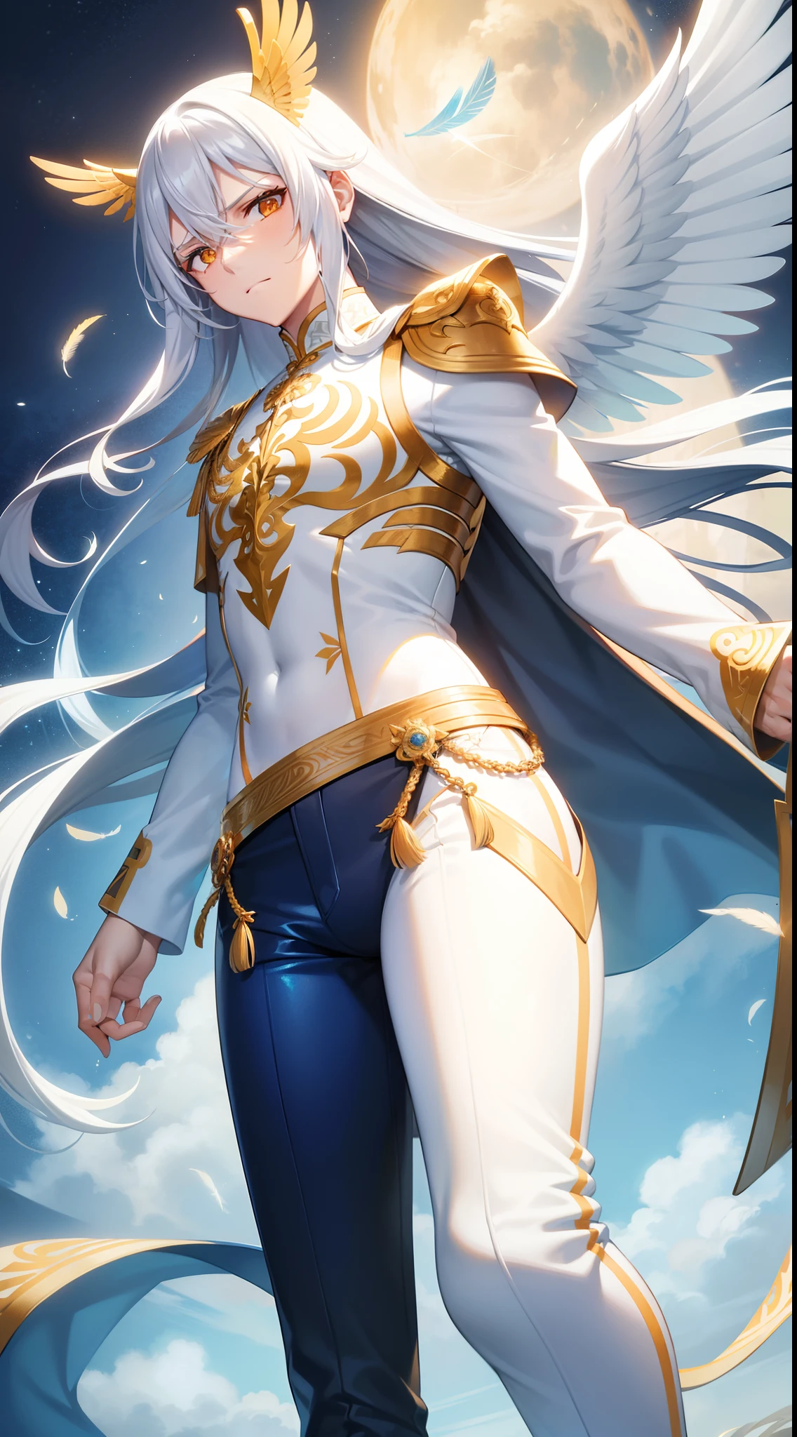 Tall guy, Long silver hair, Orange Eyes, white tight top, Blue Pants, Gold Elements, feathers, one wing, anger, 4k, HD, Good detail