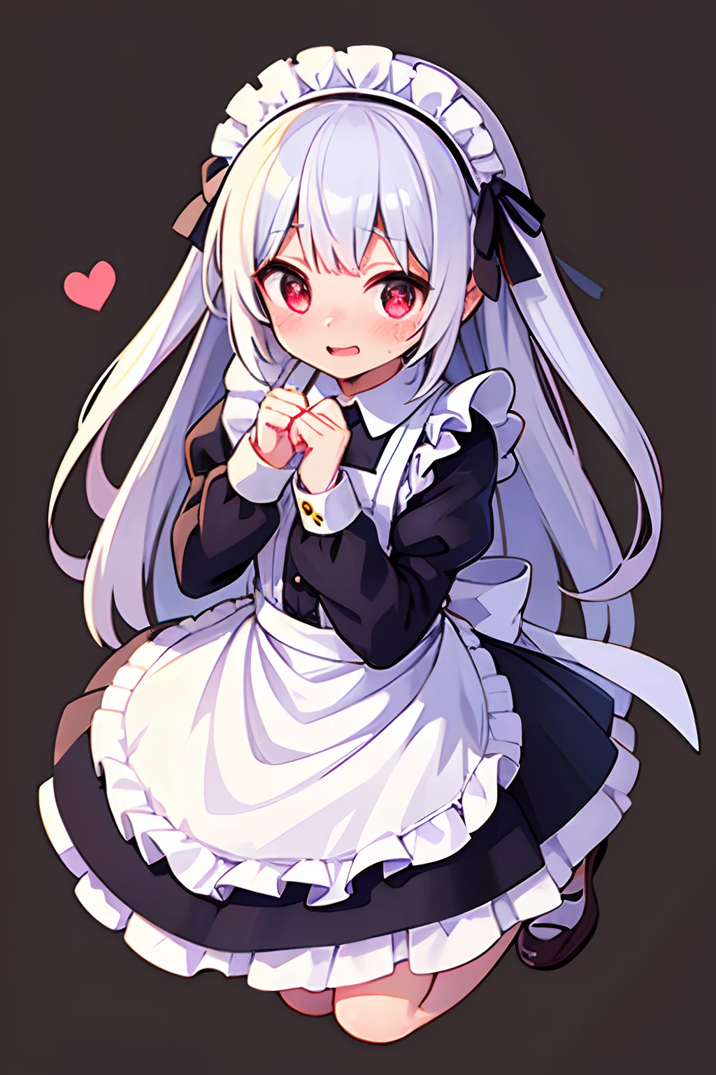 8K picture quality，silber hair,Red-eyed girl,cute little ,Long hair,Heartwarming,a miniskirt,****ta,A smile,Thumbnail styles，maid clothes，fluffly，Looking down from above,full body Esbian,heartbackground,Embarrassed expression