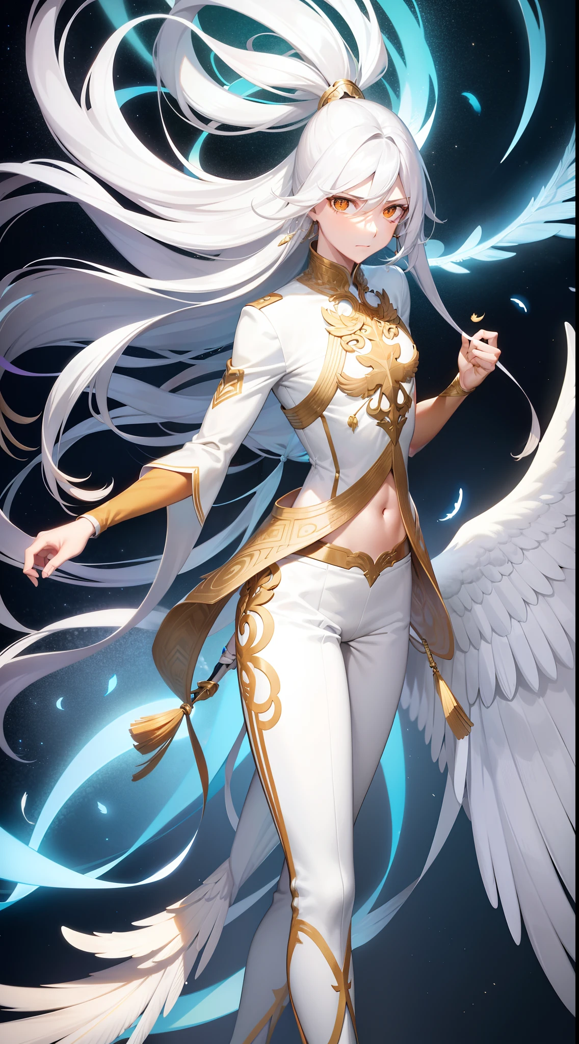 Tall guy, Long silver hair, Orange Eyes, white tight top, Blue Pants, Gold Elements, feathers, one wing, anger, 4k, HD, Good detail