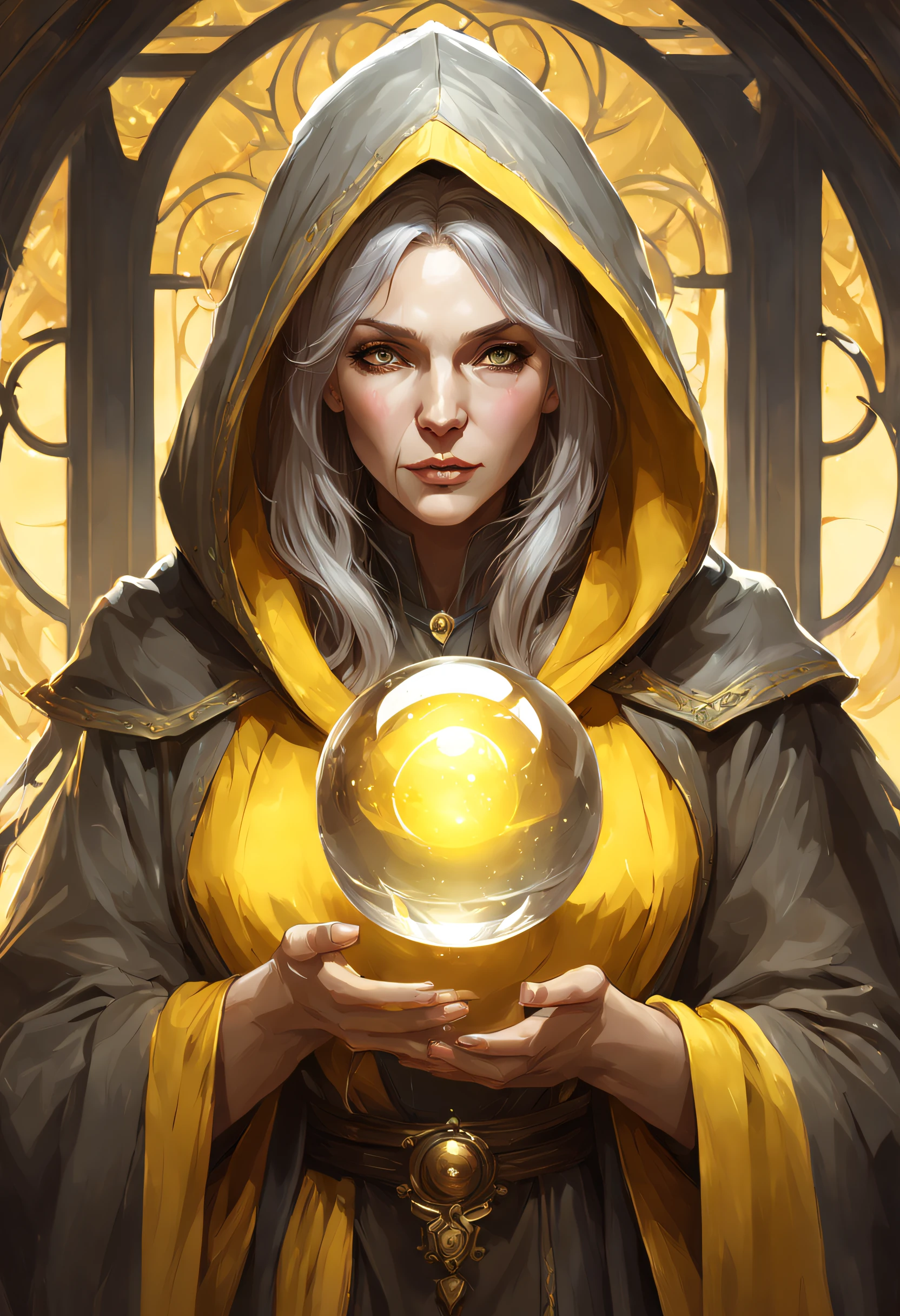 hooded old aged witch future seer witch adivination room crystal ball, dark yellow clothes, gray hair, old aged, art by artgerm and greg rutkowski and alphonse mucha and loish and wlop, artstation, illustration