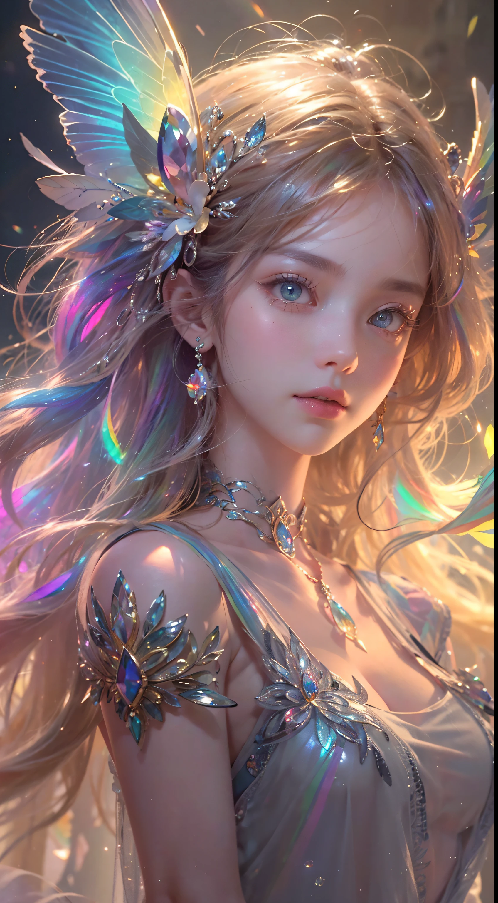 (((masterpiece))), (((best quality))), ((ultra-detailed)),(highly detailed CG illustration), ((an extremely delicate and beautiful)),cinematic light, Create a stunning fantasy artwork that mimics the style of currently trending masters of the genre. The art piece should contain elements of both mythic fantasy and fairytale fantasy with dreamy rainbow accents. ((Utilize the rainbow as the main color scheme.)) The character in the artwork is a delicate but strong petite figure with an aura of mystery and magic and (beautiful translucent rainbow wings). Pay close attention to intricate facial features, such as mesmerizing eyes with vibrant colors and bold shading. The character's clothing should be designed with gossamer feathers, silk, stunning embroidery, and subtle iridescent details. Incorporate (((translucent rainbows))), dreamy colors, dynamic lighting, and detailed background elements to create a sense of awe and immersion. Include colorful flying magical birds and jewel-toned rainbow butterflies radiating a magical aura. Consider the latest trends in fantasy art, such as incorporating unique lighting effects, exploring dynamic and compelling composition techniques, and experimenting with unique color palettes. Take inspiration from the top artists on ArtStation and Midjourney. Camera: Choose an angle that highlights the character's beauty and enhances the magical majesty of the artwork. Lighting: Utilize atmospheric lighting techniques to create depth and mood. Resolution: Aim for a high-resolution artwork to showcase intricate details and clarity. Art Inspirations: Seek inspiration from the trending artists on ArtStation, exploring different styles, genres, and themes.