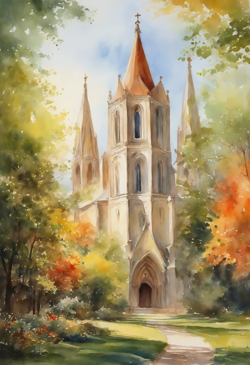 watercolor paiting、cathedral、The tree々、Bright sun home