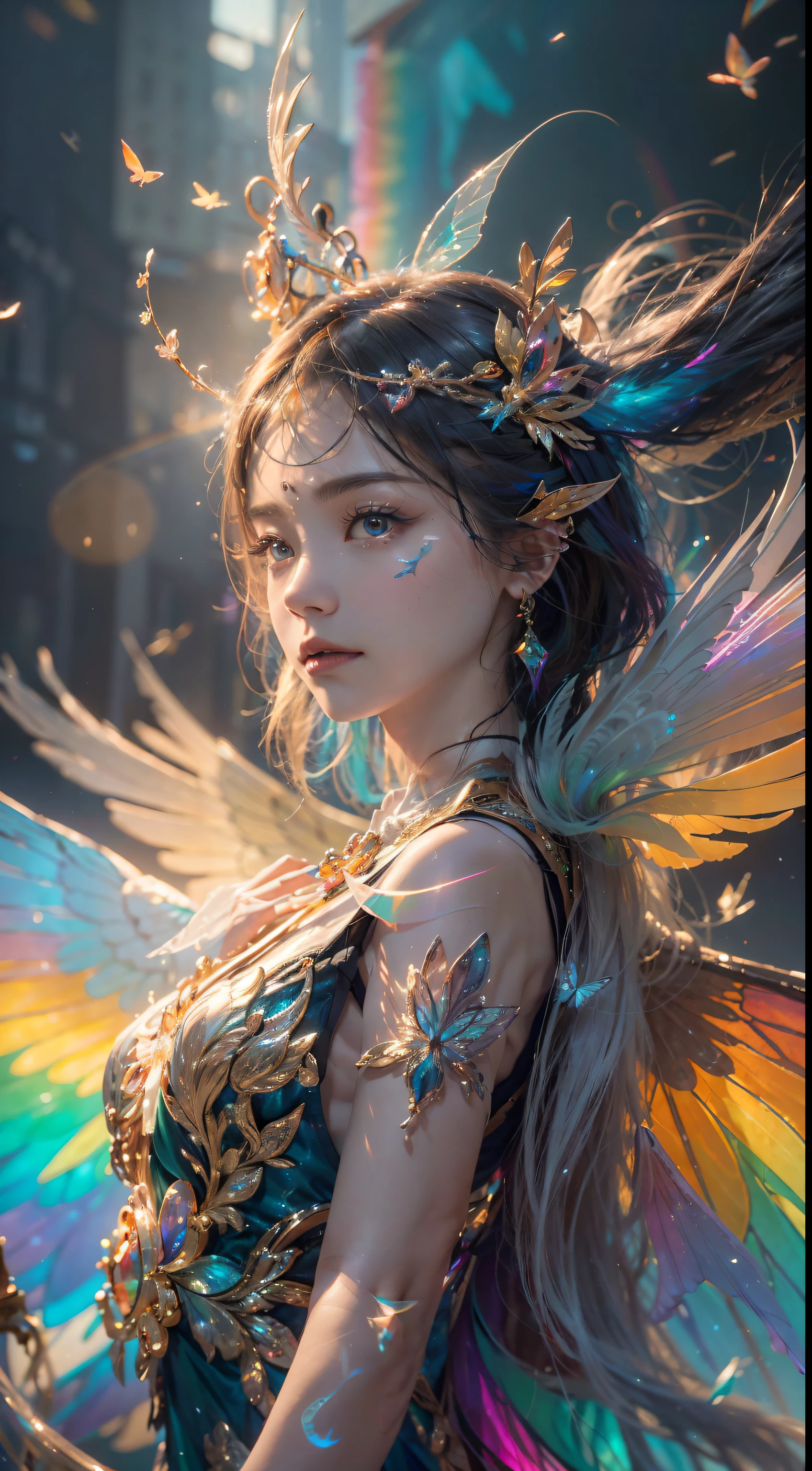 Detailed upper body concept、Winged angel、Coming from Heaven、came down、Deities々Right、Fluttering petals、Angel Smile、Looking at the camera、Top image quality、masterpiece、8K Wallpapers。