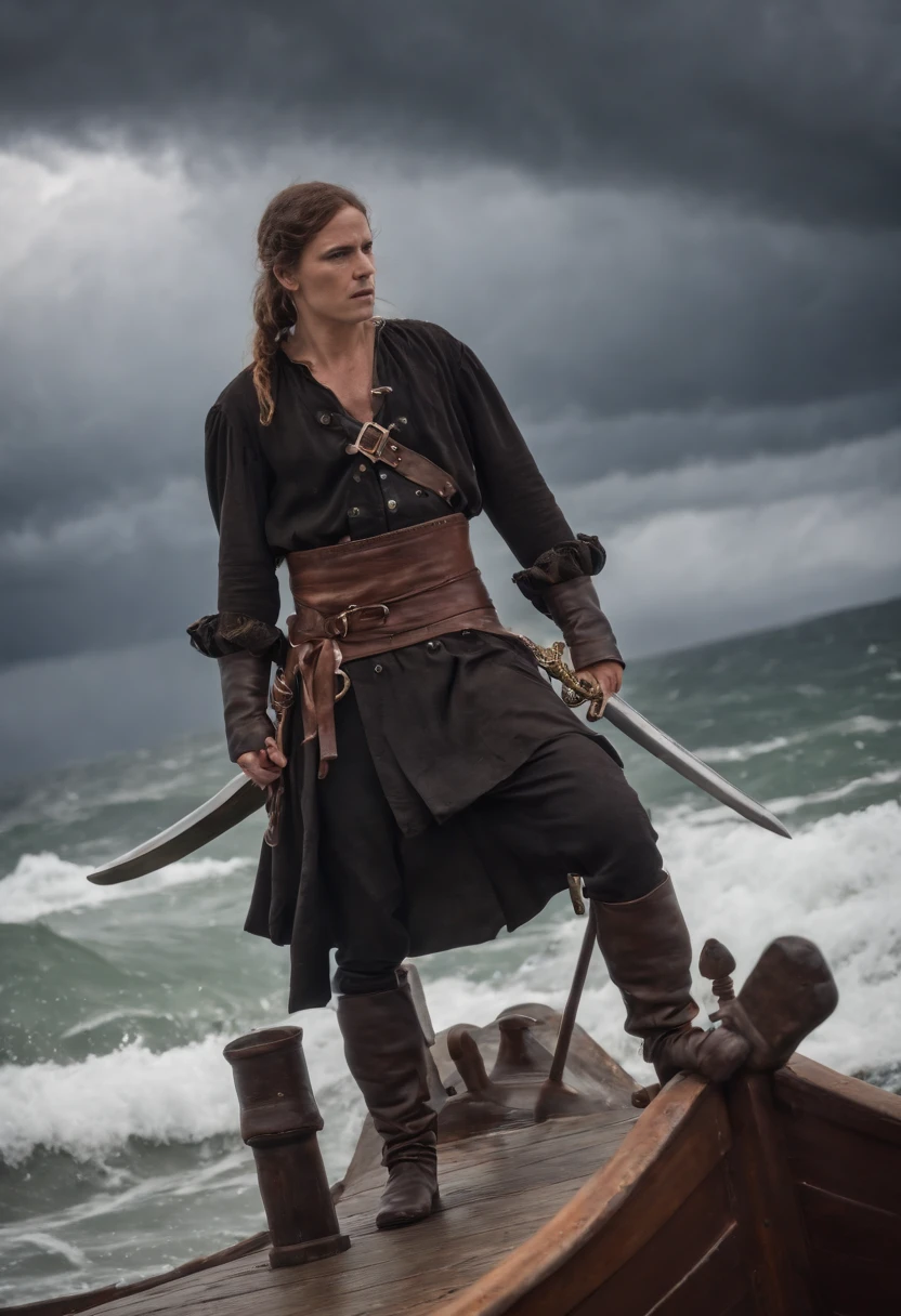 Barbarosha Sea Redding，Stand at the bow of the pirate ship，Wielding a giant sword，Painful expression，In the square，dark stormy clouds