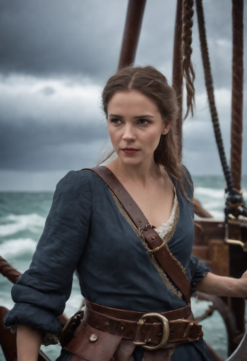 Barbarosha Sea Redding,Stand at the bow of the pirate ship,Wielding a giant sword,Painful expression,In the square,dark stormy clouds