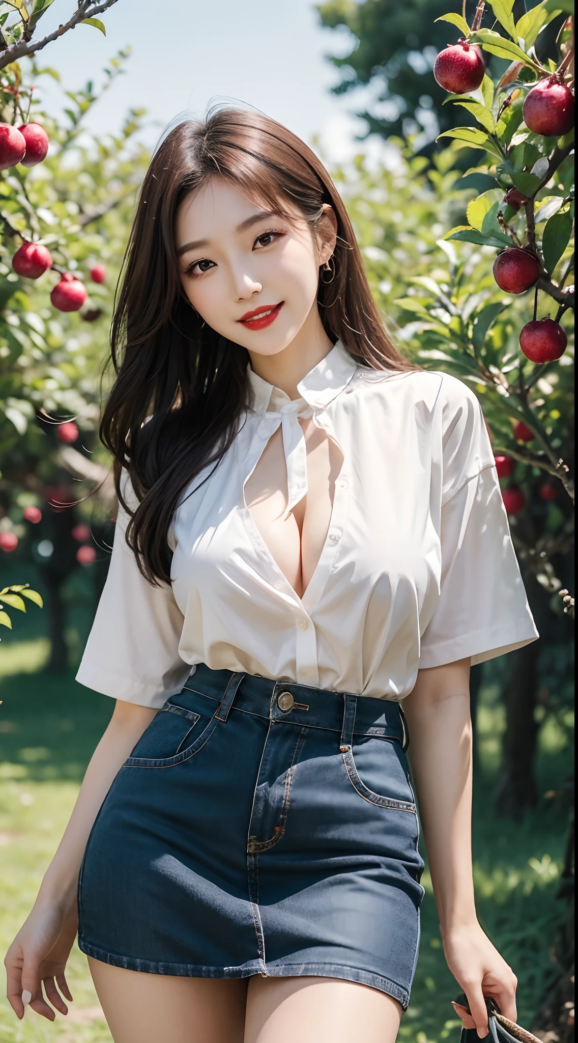 best quality, 4k, 8k, Detailed faces, clear face, pretty girls, Korean makeup, Red lips, laugh, perfect body, big breasts, thigh, Skirt, shirts, View of orchards, fruit trees,
