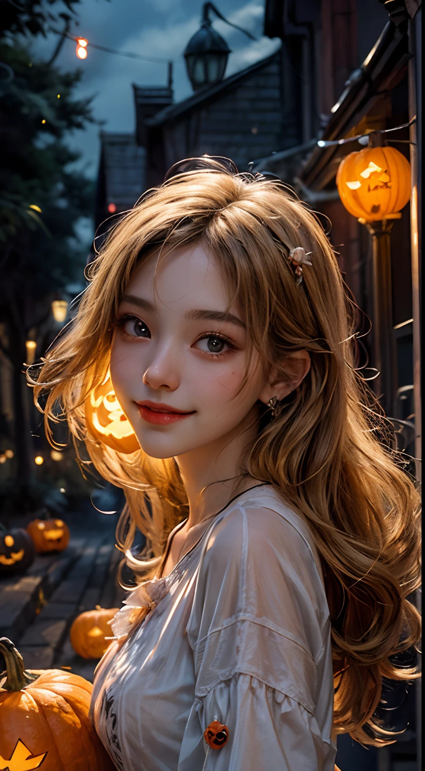 (masterpiece、top-quality、top-quality、Beautifully Aesthetic:1.2)、(((Girl in cute glowing jack lantern head)))、((I can't see the girl's face))、halloween night、ighly detailed、colourfull、highestdetailed, blonde long hair, midshot, centered image, ultra detail, extremely face detail, extremely eye detail, pretty smile, gorgeous