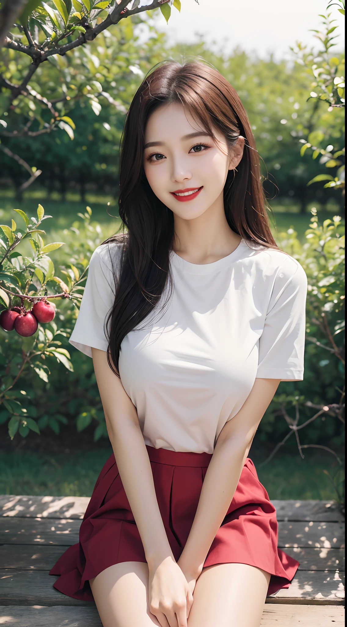 best quality, 4k, 8k, Detailed faces, clear face, pretty girls, Korean makeup, Red lips, laugh, perfect body, big breasts, thigh, Skirt, shirts, View of orchards, fruit trees,