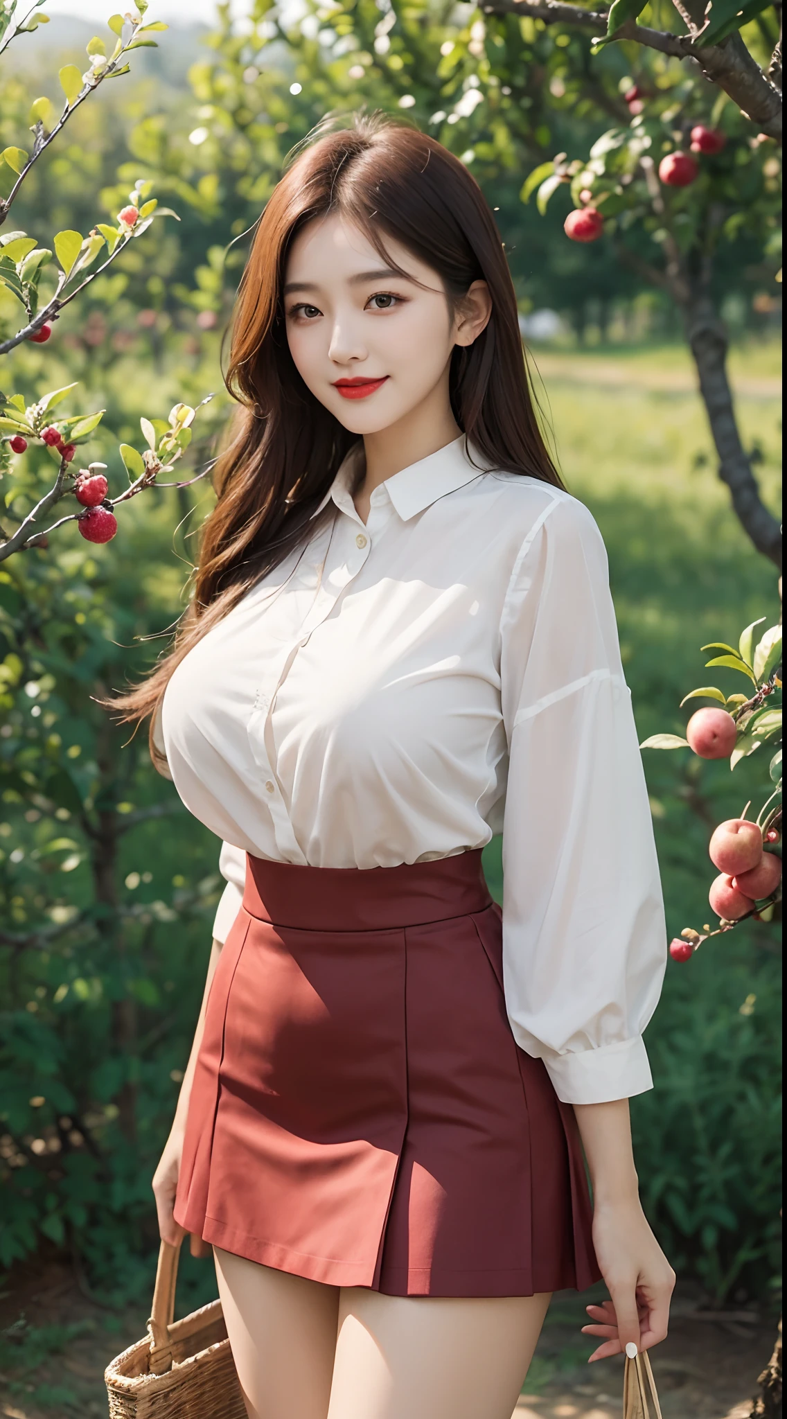 best quality, 4k, 8k, Detailed faces, clear face, pretty girls, Korean makeup, Red lips, laugh, perfect body, big breasts, thigh, Skirt, shirts, View of orchards, fruit trees,